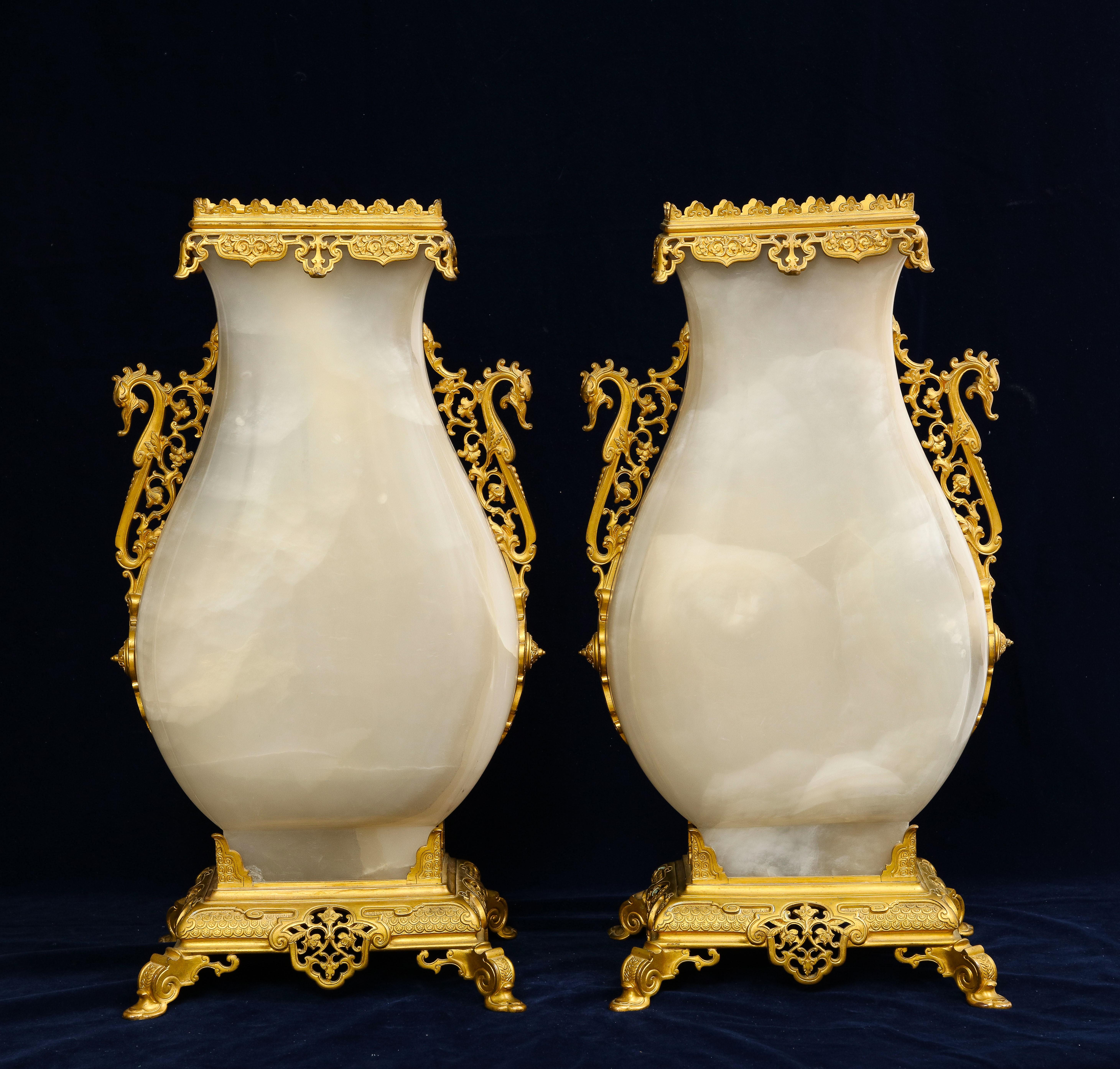 Gilt Large Pair of 19 C. French Ormolu Mounted Carved Agate Vases, Att. to E. Lievre For Sale