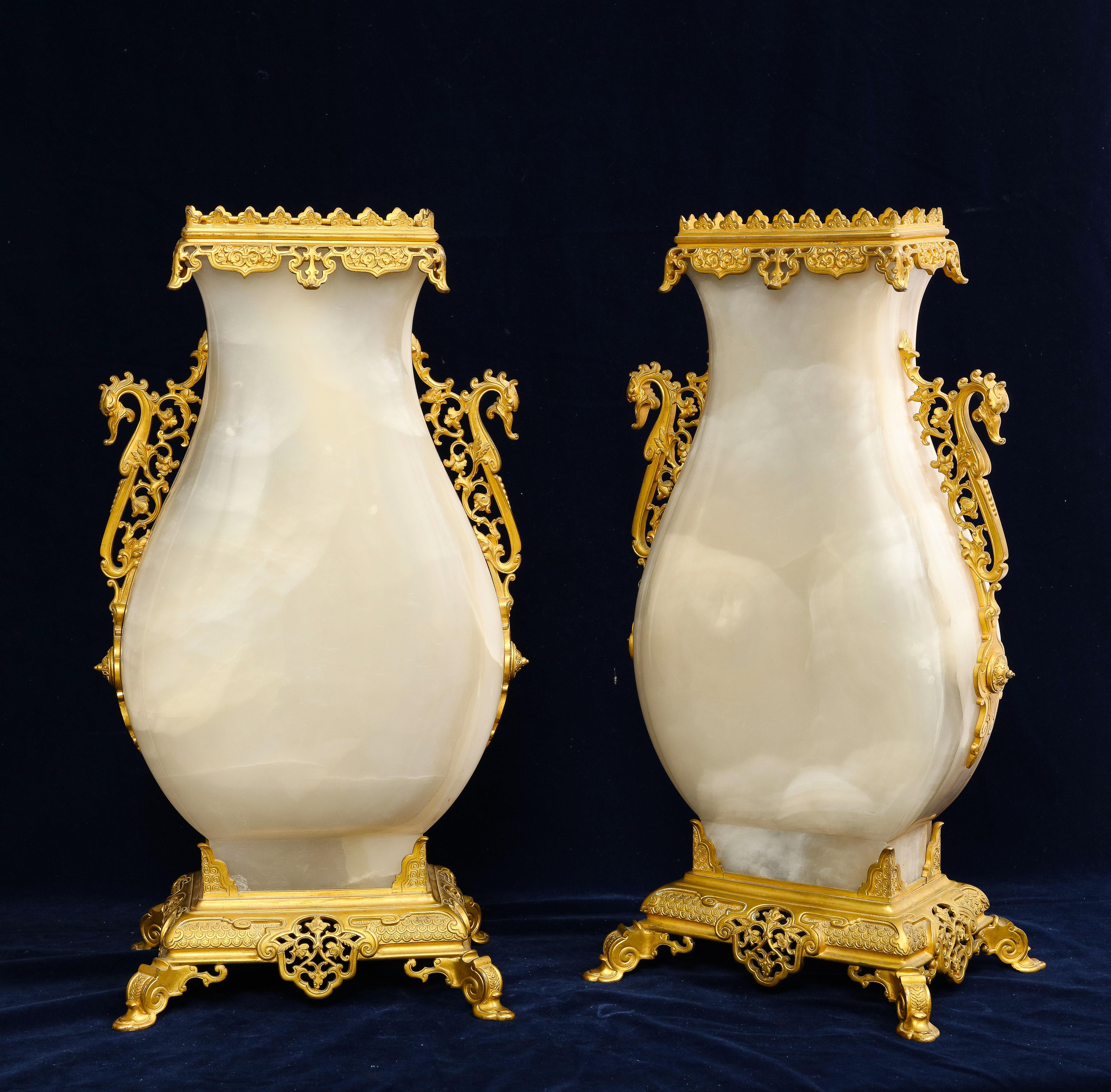 Large Pair of 19 C. French Ormolu Mounted Carved Agate Vases, Att. to E. Lievre In Good Condition For Sale In New York, NY