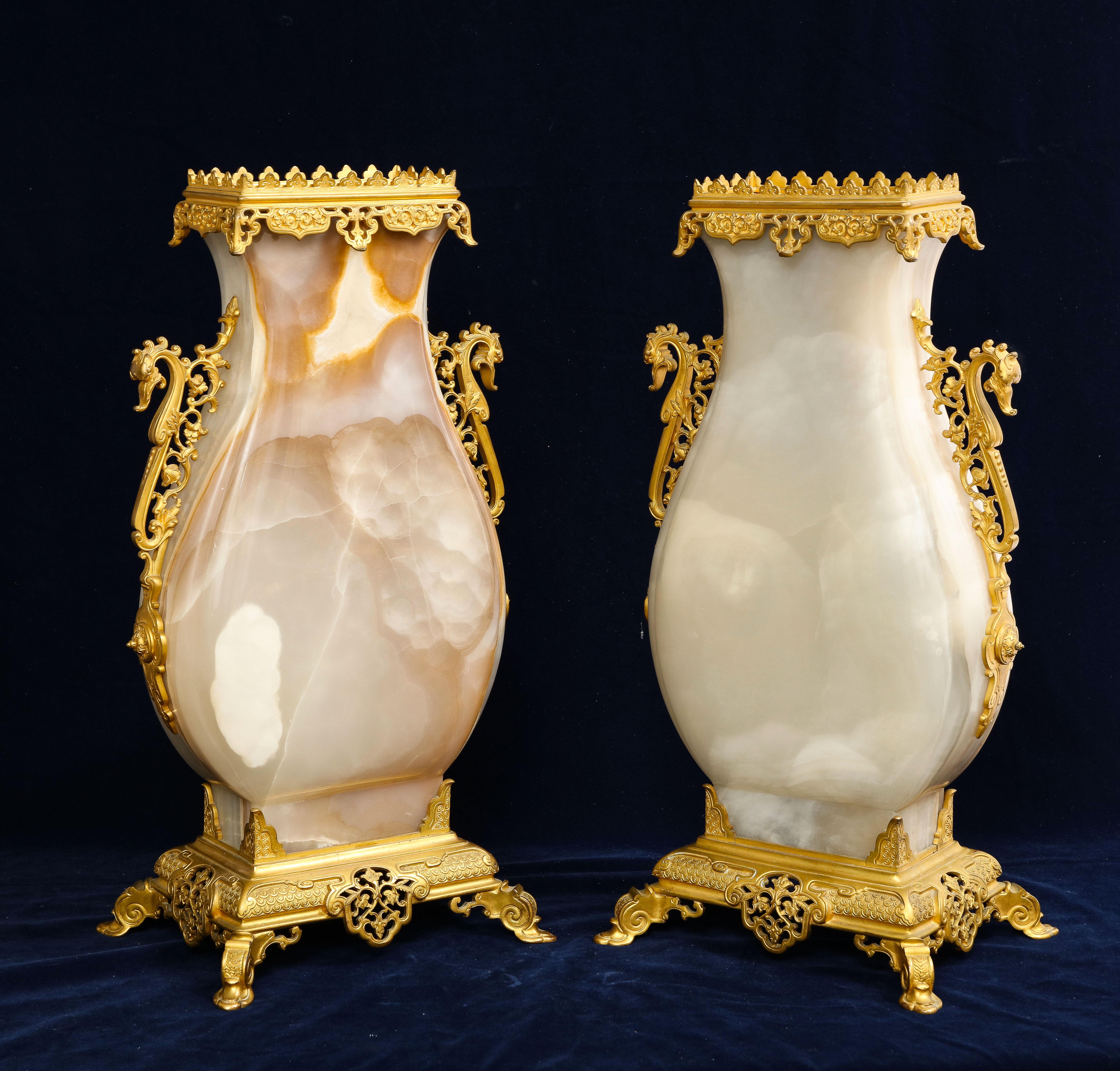 Mid-19th Century Large Pair of 19 C. French Ormolu Mounted Carved Agate Vases, Att. to E. Lievre For Sale