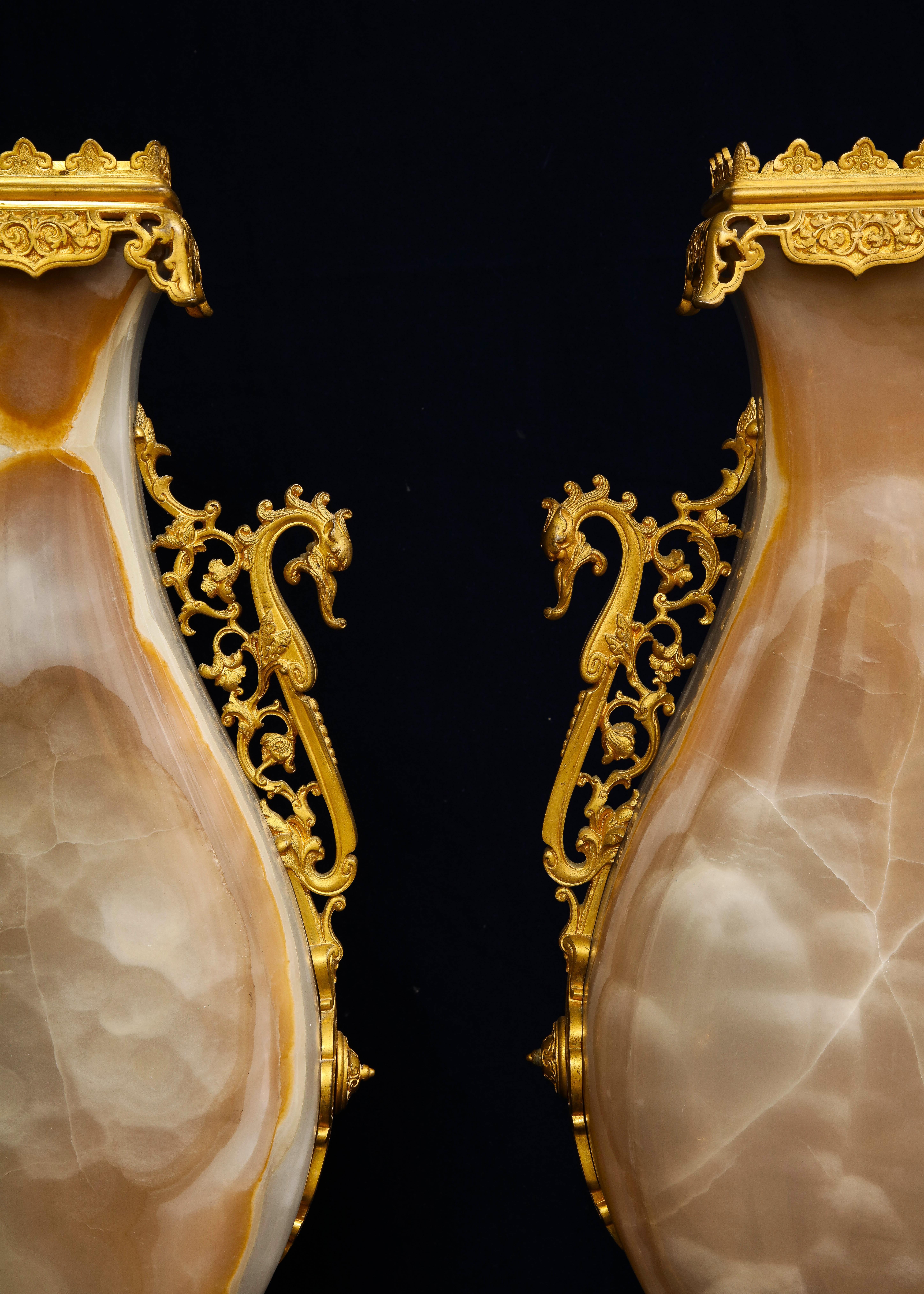 Bronze Large Pair of 19 C. French Ormolu Mounted Carved Agate Vases, Att. to E. Lievre For Sale
