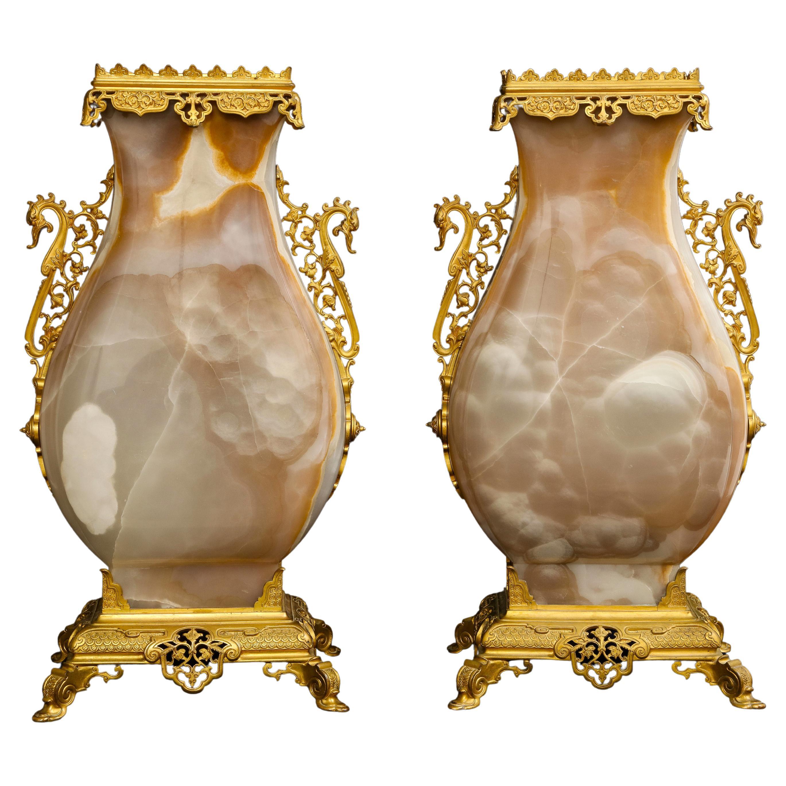 Large Pair of 19 C. French Ormolu Mounted Carved Agate Vases, Att. to E. Lievre