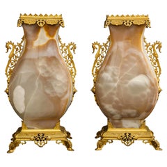 Large Pair of 19 C. French Ormolu Mounted Carved Agate Vases, Att. to E. Lievre