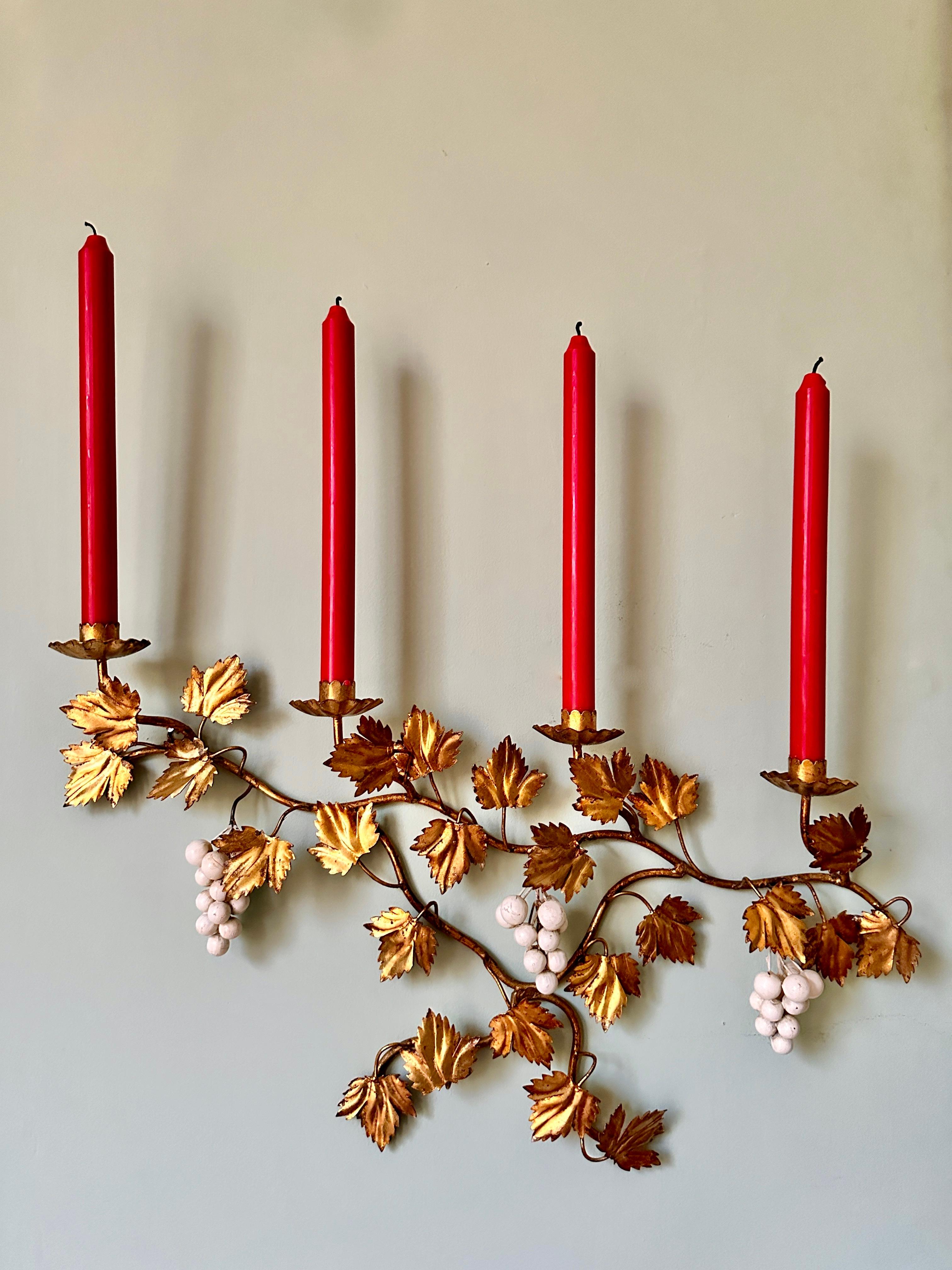 Romantic Large Pair Of 1940s Italian Grape Toleware Tôle Candle Sconces For Sale