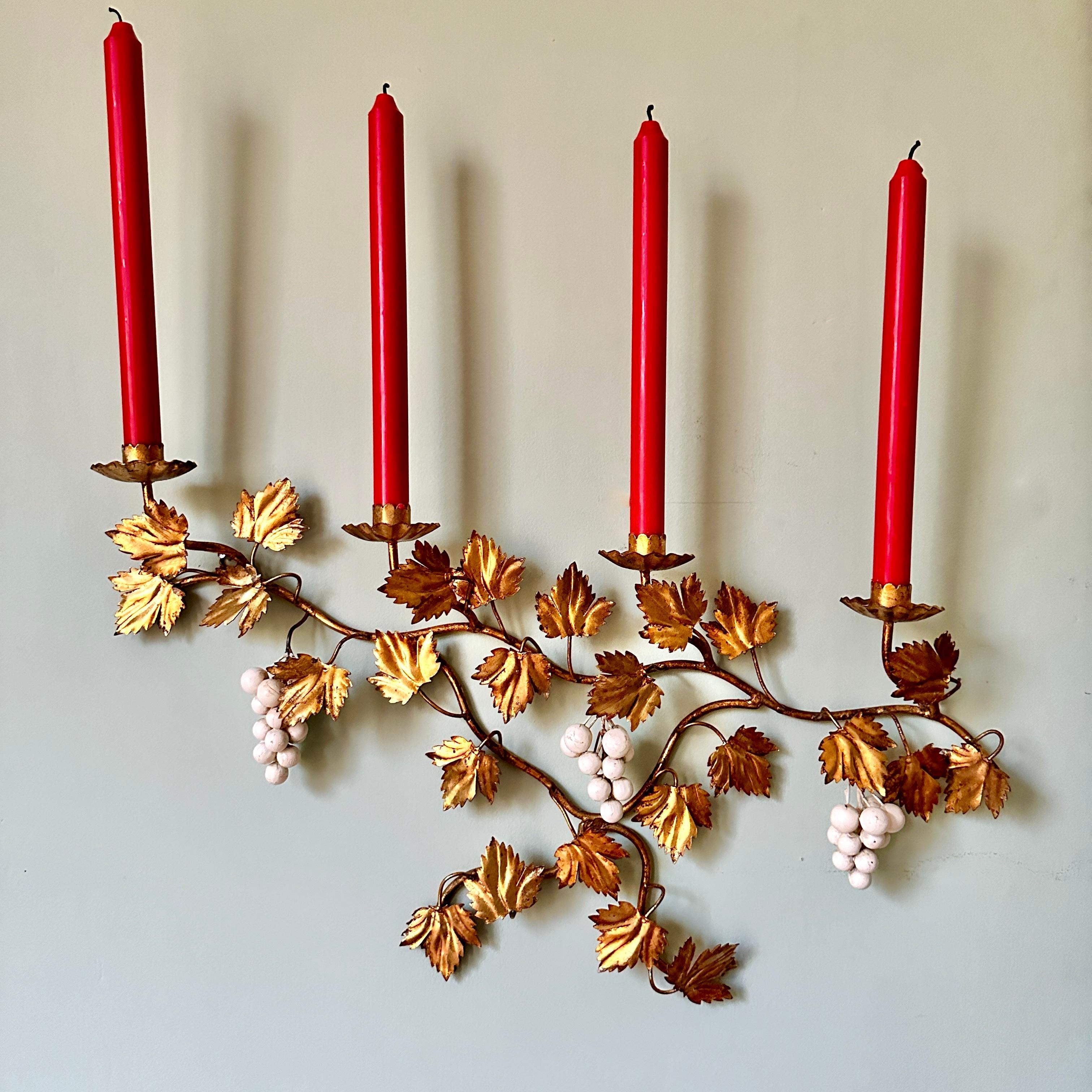 Mid-20th Century Large Pair Of 1940s Italian Grape Toleware Tôle Candle Sconces For Sale