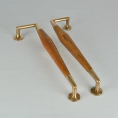 Large Pair of 1950's Beech and Copper Push and Pull Door Handles