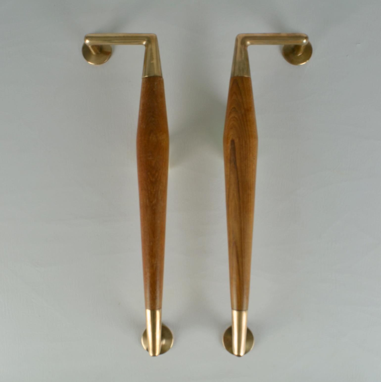 European Large Pair of 1950's Beech and Copper Push and Pull Door Handles