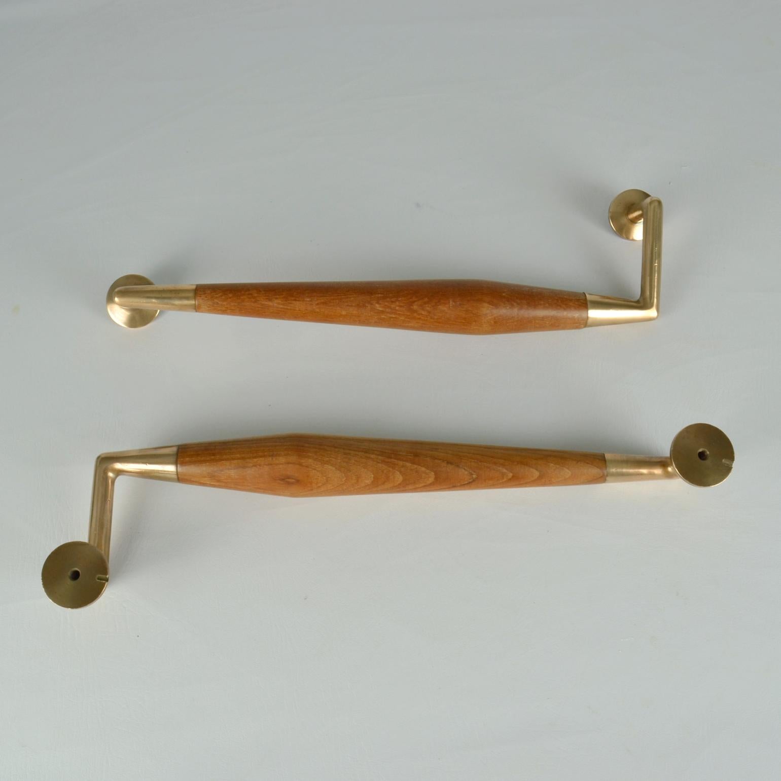 Large Pair of 1950's Beech and Copper Push and Pull Door Handles 3