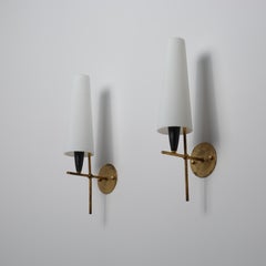 Large Pair of 1950s Italian Brass and Opaline Glass Wall Lights