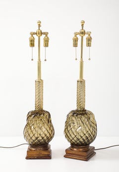 Large Pair of 1950's Murano Smoked Amber Glass Pineapple Lamps
