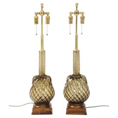 Large Pair of 1950's Murano Smoked Amber Glass Pineapple Lamps