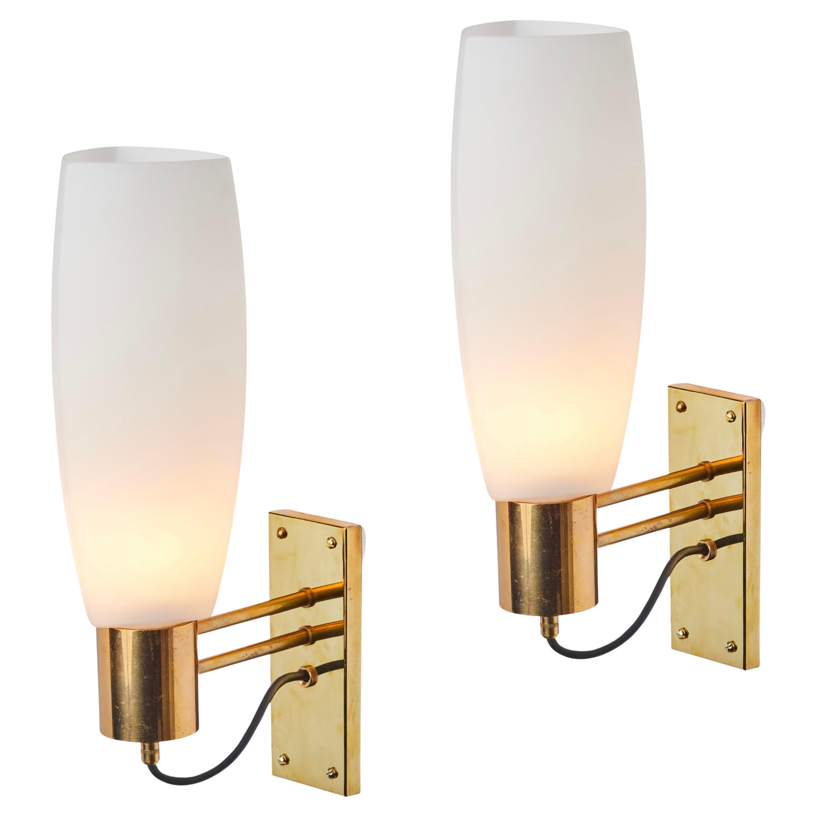 Large Pair of 1950s Stilnovo Opaline Brass and Glass Sconces For Sale
