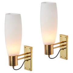 Large Pair of 1950s Stilnovo Opaline Brass and Glass Sconces