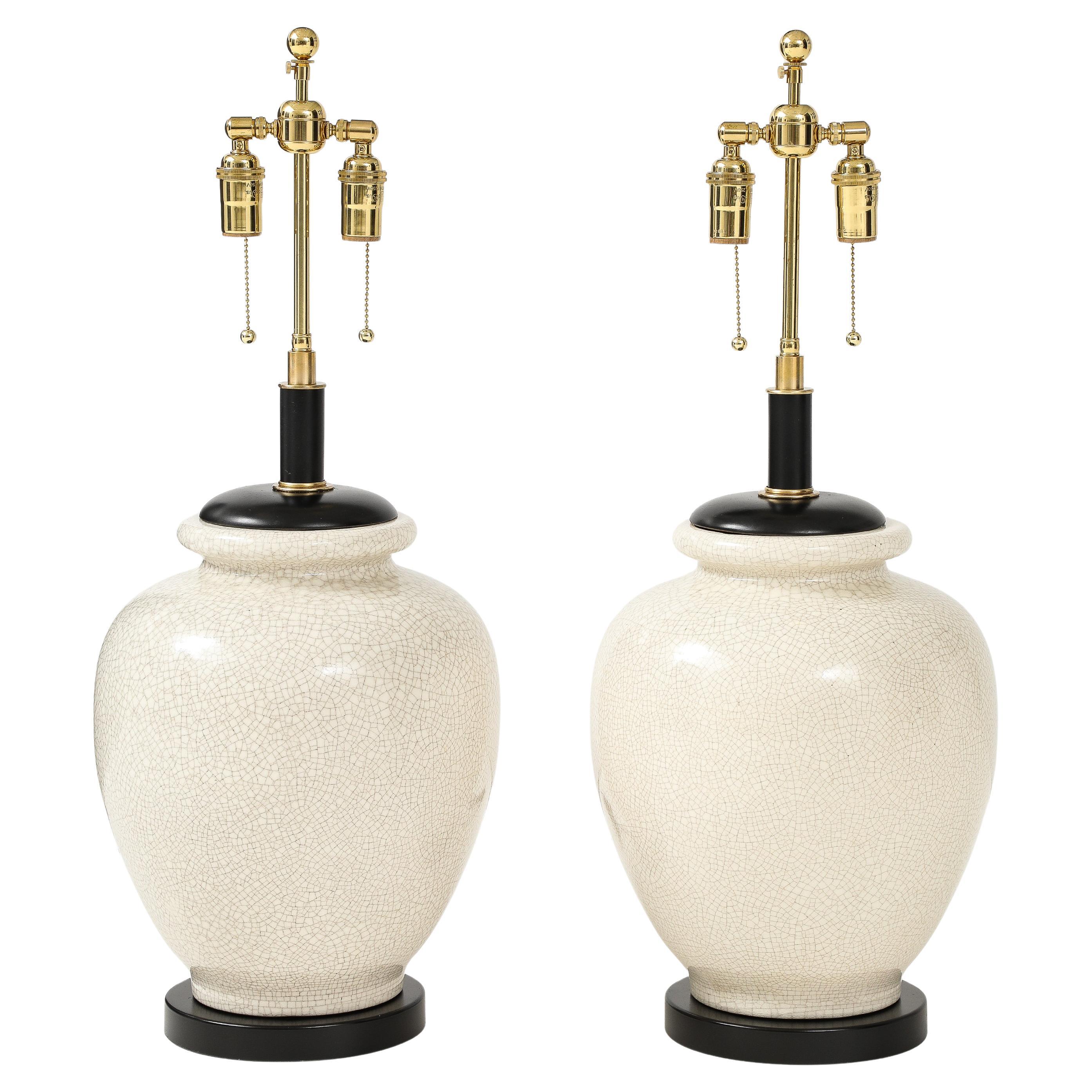 Large Pair of 1950's Urn Shaped Ceramic Lamps with a Crackle Glaze.