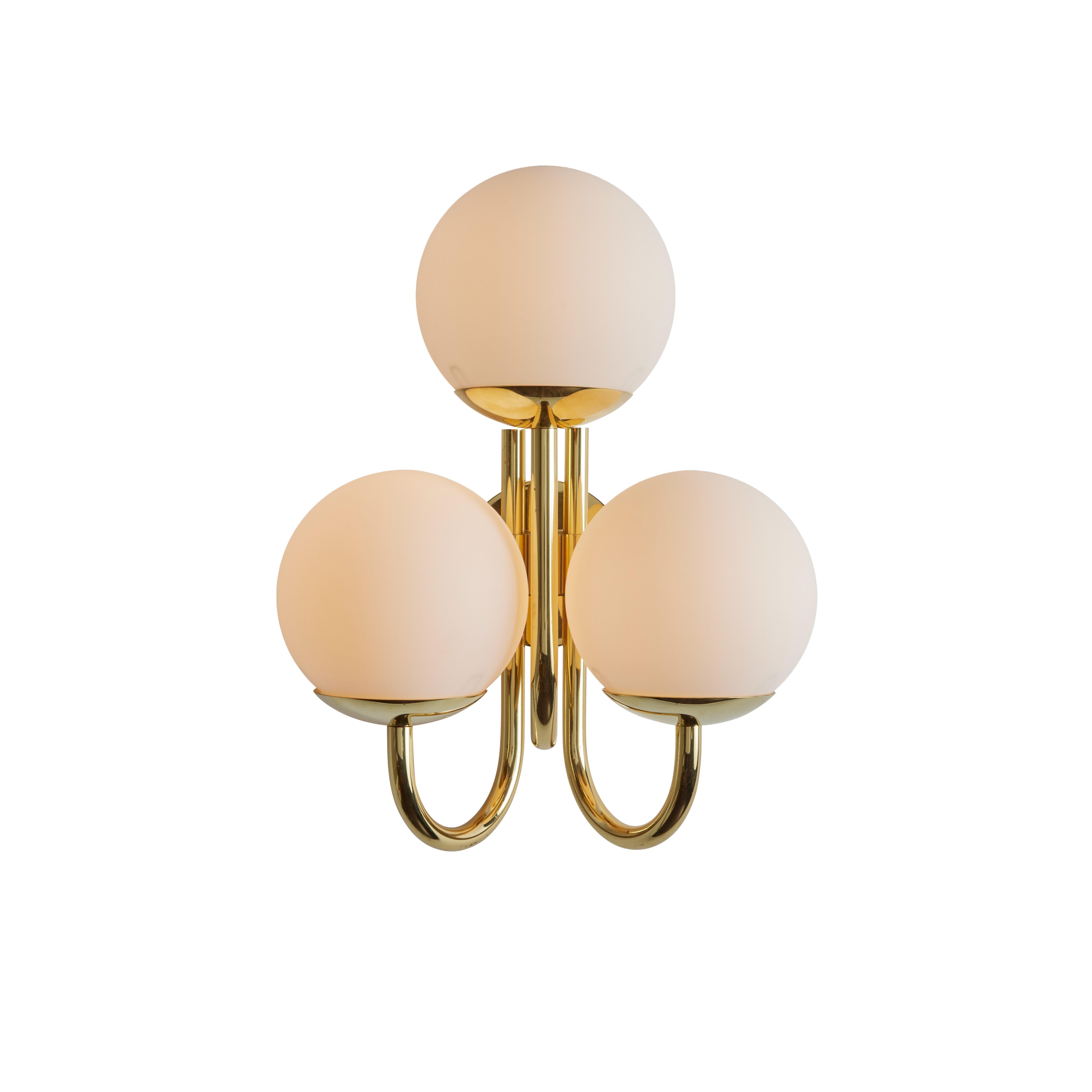 Large pair of 1960s 3-arm glass & brass wall lamps for Limberg. Comprised of 3x opaline glass globes (6 inches diameter) with a polished brass structure. Fabricated in Germany, circa 1960s with manufacturer's mark in the metal.

Price is for the
