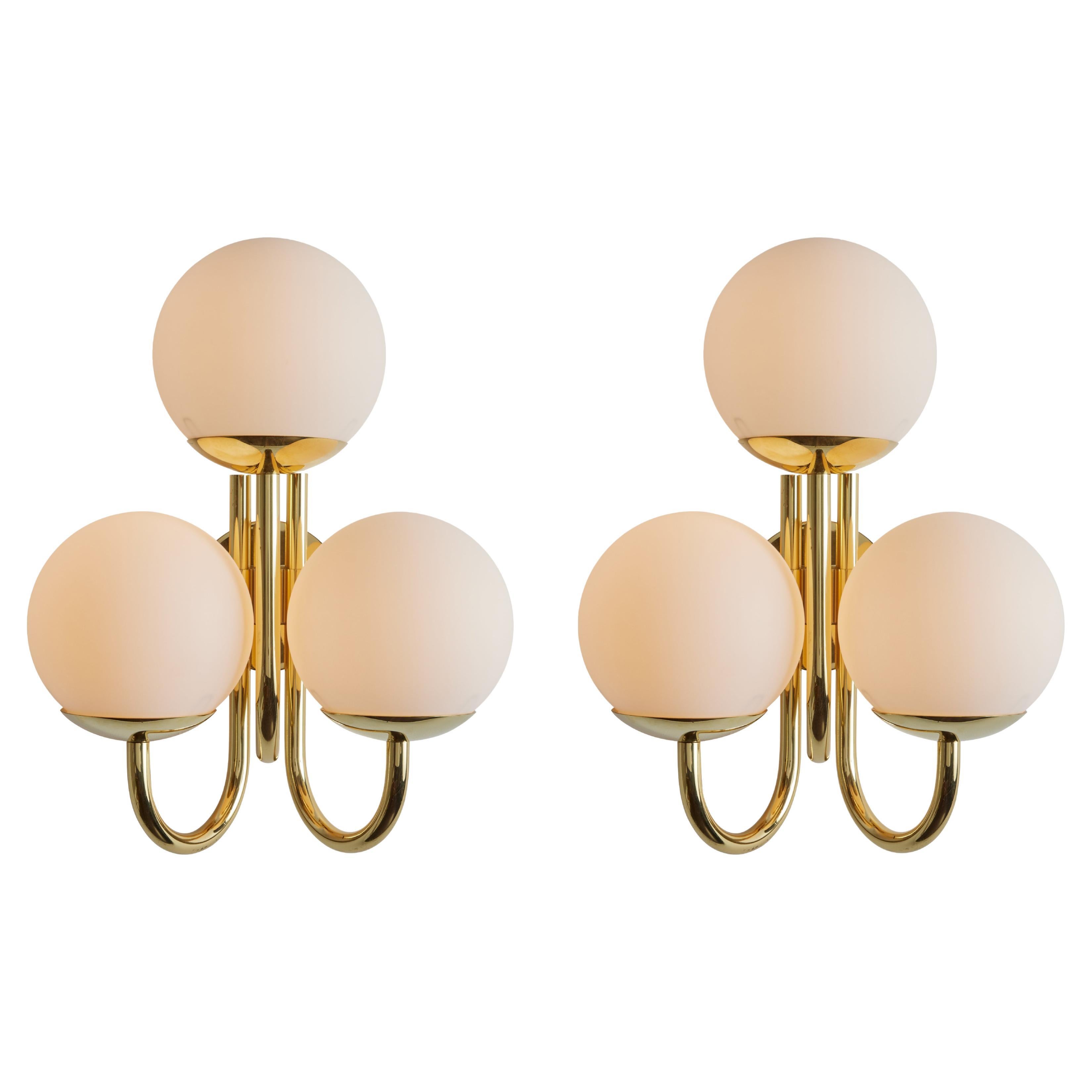 Large Pair of 1960s 3-Arm Glass & Brass Wall Lamps for Limberg For Sale