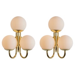 Pair of 1960s Large 3-Arm Glass and Brass Wall Lamps for Limberg