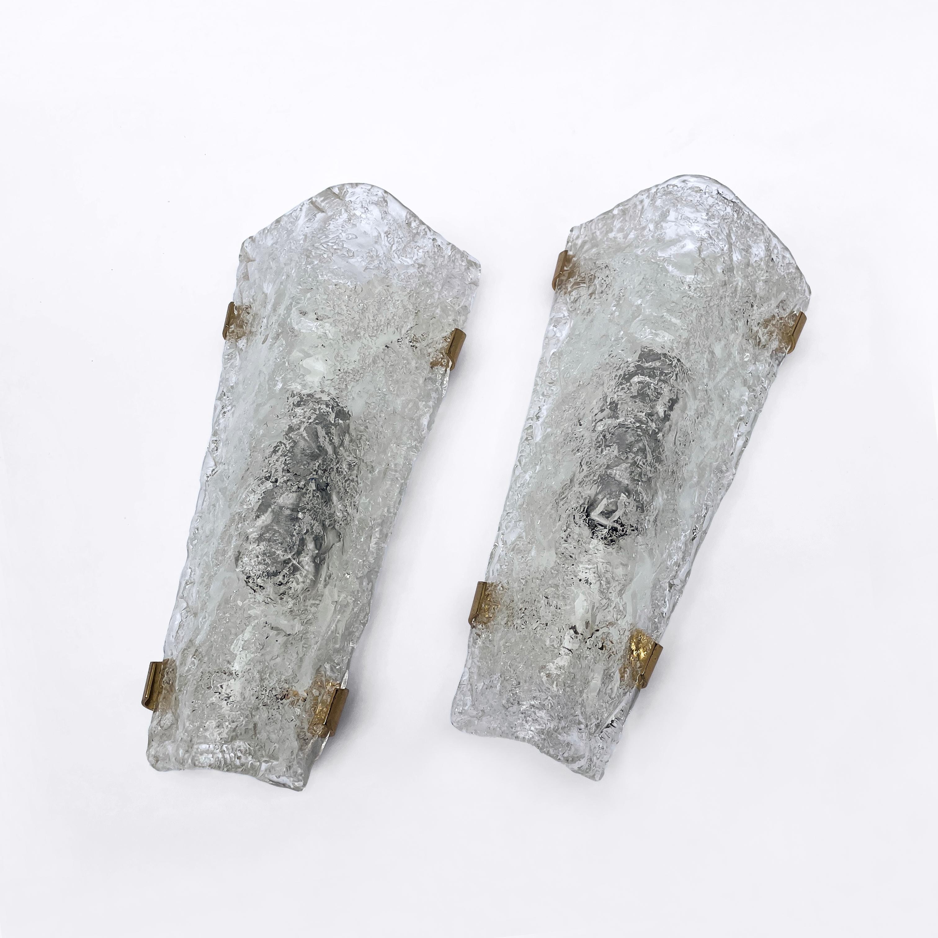 Mid-Century Modern Large Pair of 1960s Angular Ice Glass Sconces Wall Lights by Hillebrand, Germany
