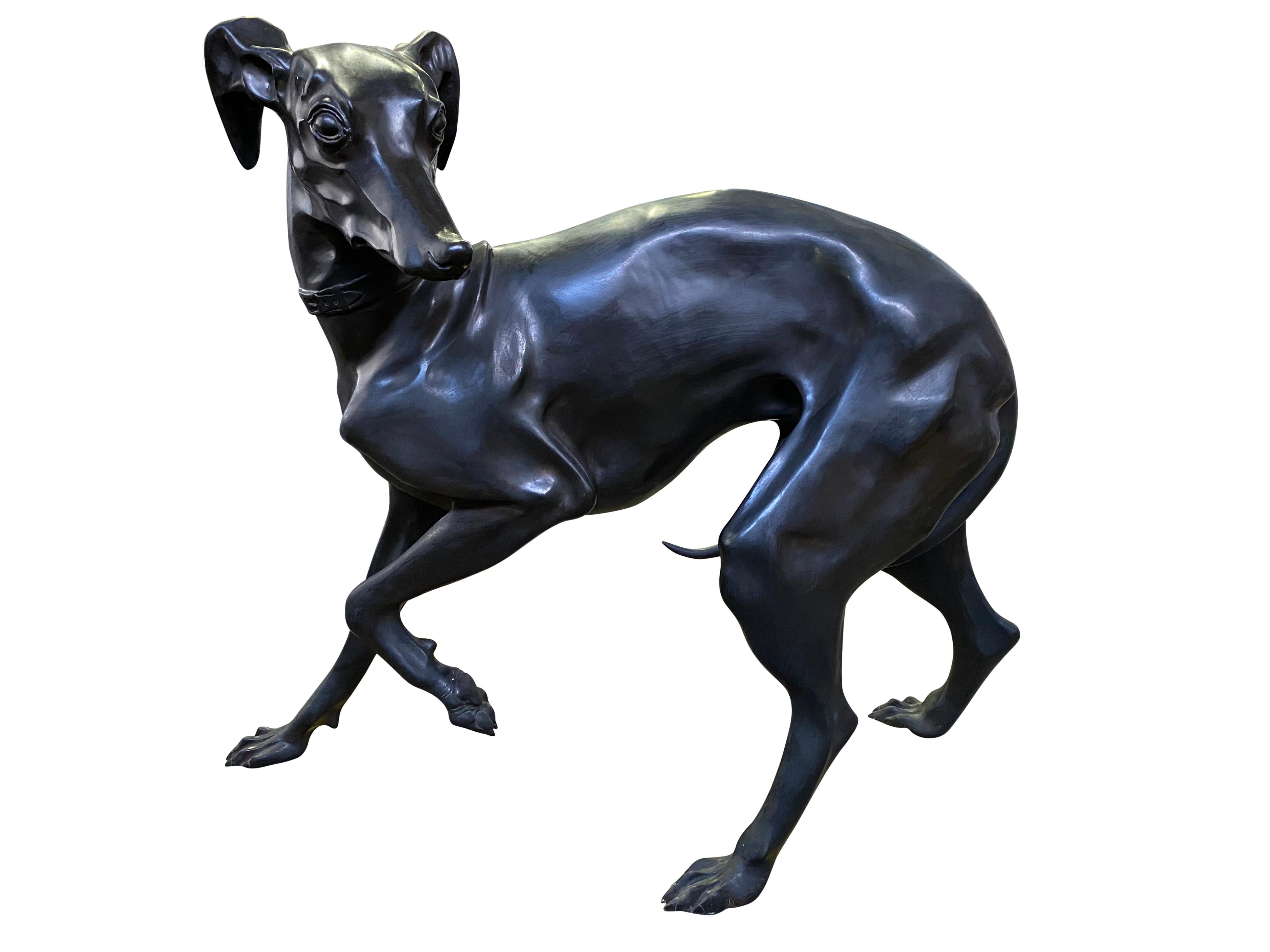 A large pair of 1960s bronze Greyhounds in dominance stance. Beautiful sculpted and cast pair of near life-size male and female dogs playing. Due to the different poses and excellent expressions of the dogs it makes for an interesting arrangement