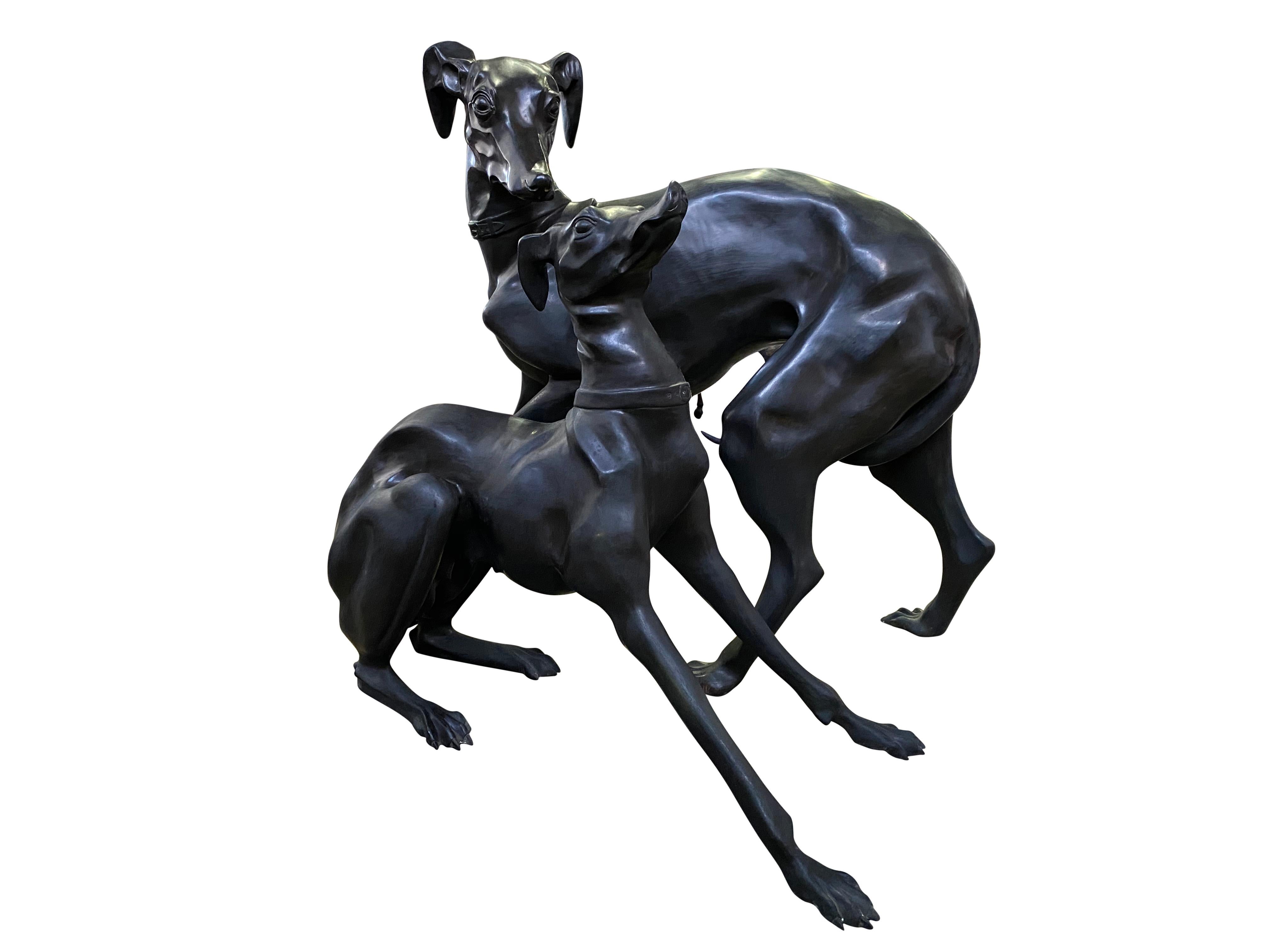 Large Pair of 1960s Bronze Greyhounds in Dominance Stance For Sale 2