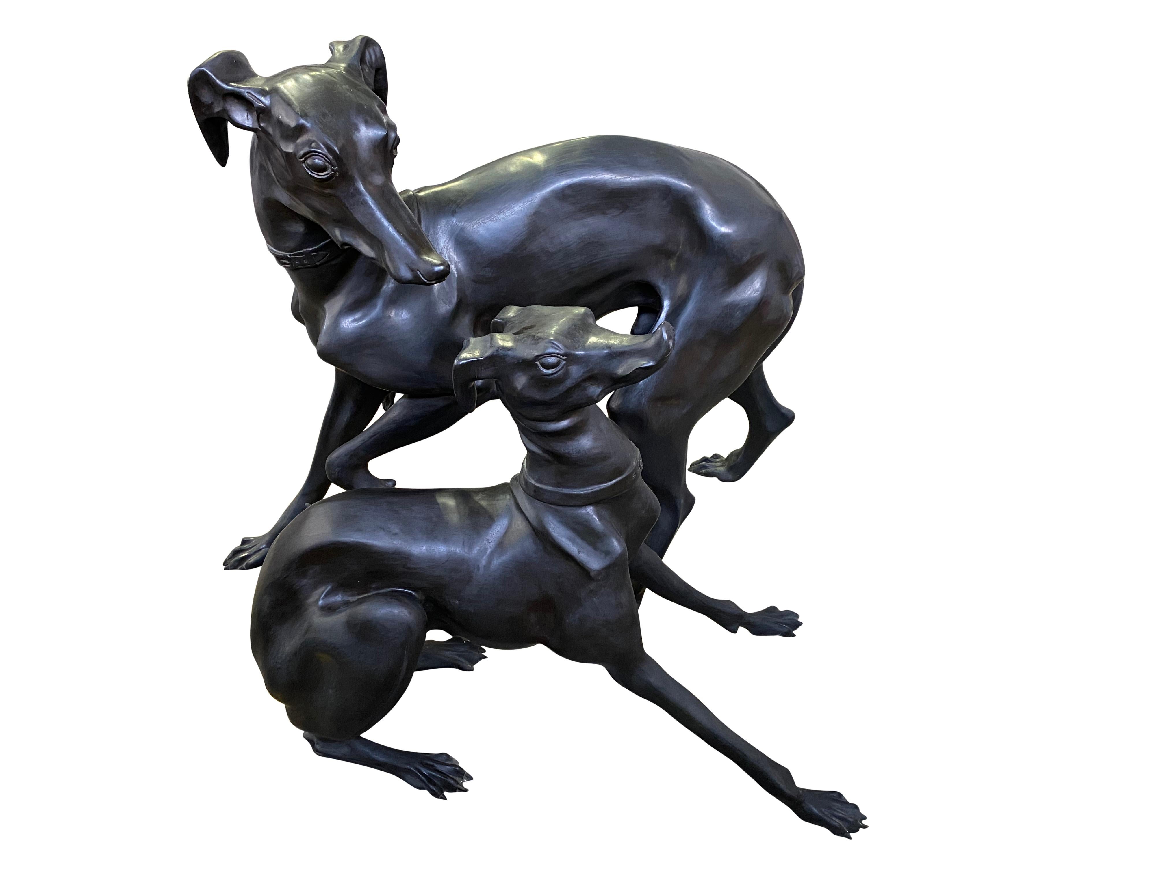 Large Pair of 1960s Bronze Greyhounds in Dominance Stance For Sale 3