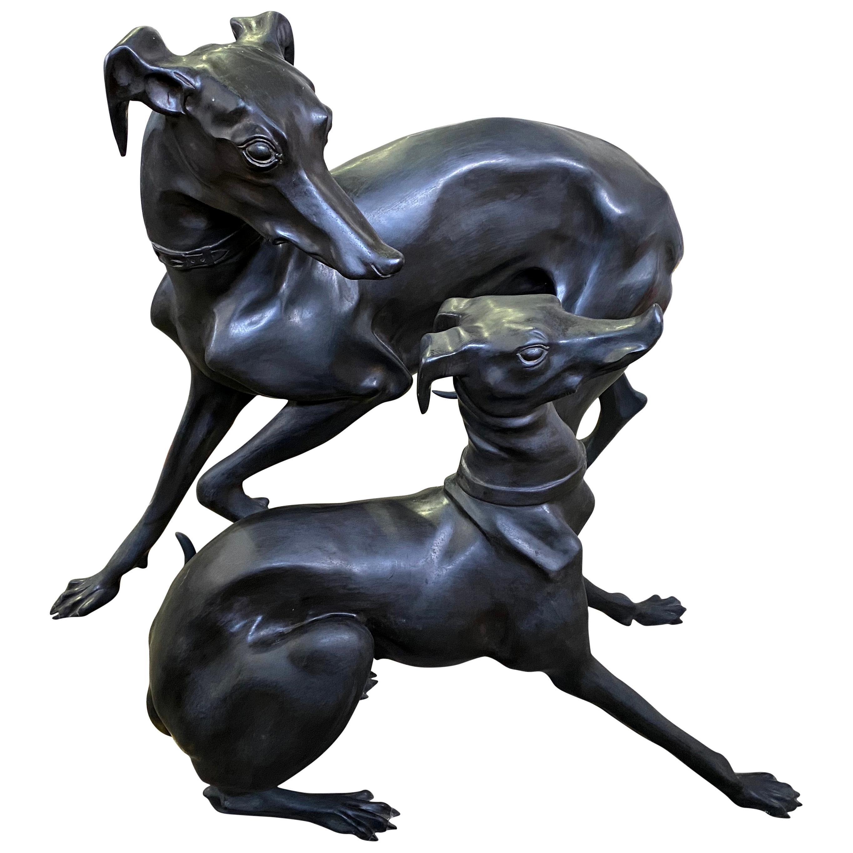 Large Pair of 1960s Bronze Greyhounds in Dominance Stance For Sale