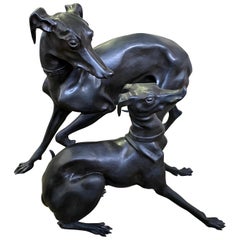 Large Pair of 1960s Bronze Greyhounds in Dominance Stance