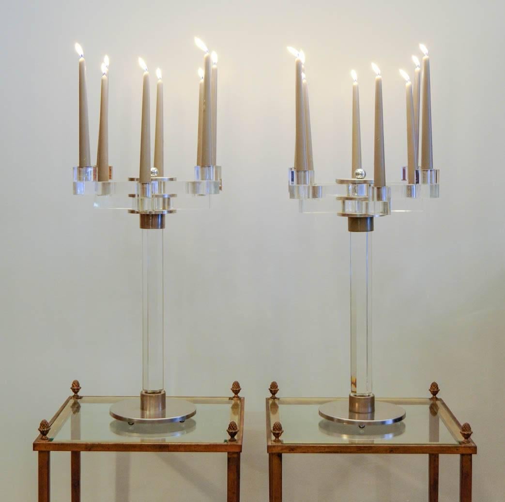 Pair of candlesticks with eight candles each.
Plexi and steel with great design,
circa 1960.