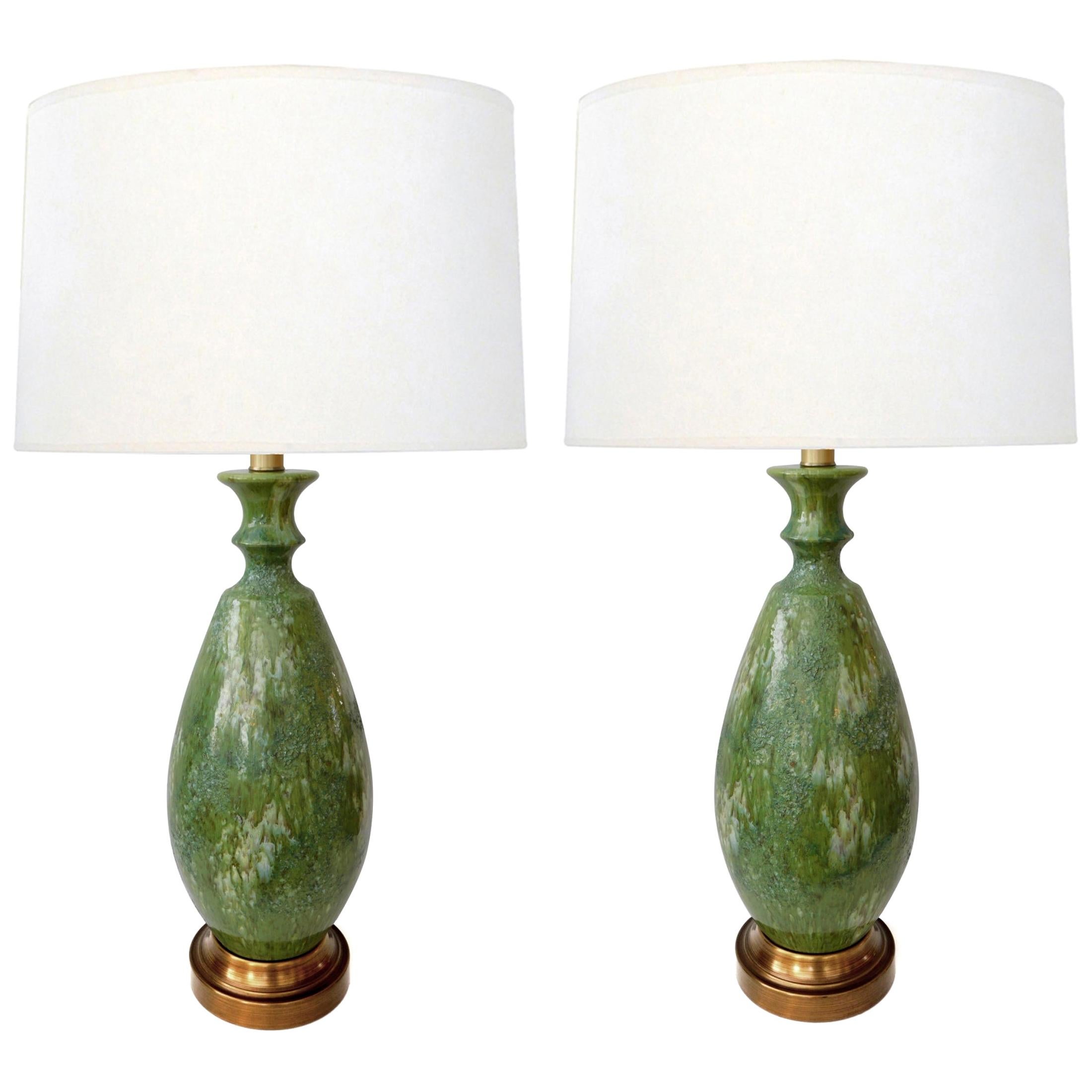 Large Pair of 1960s Celadon Drip Glaze Ovoid-Form Lamps For Sale