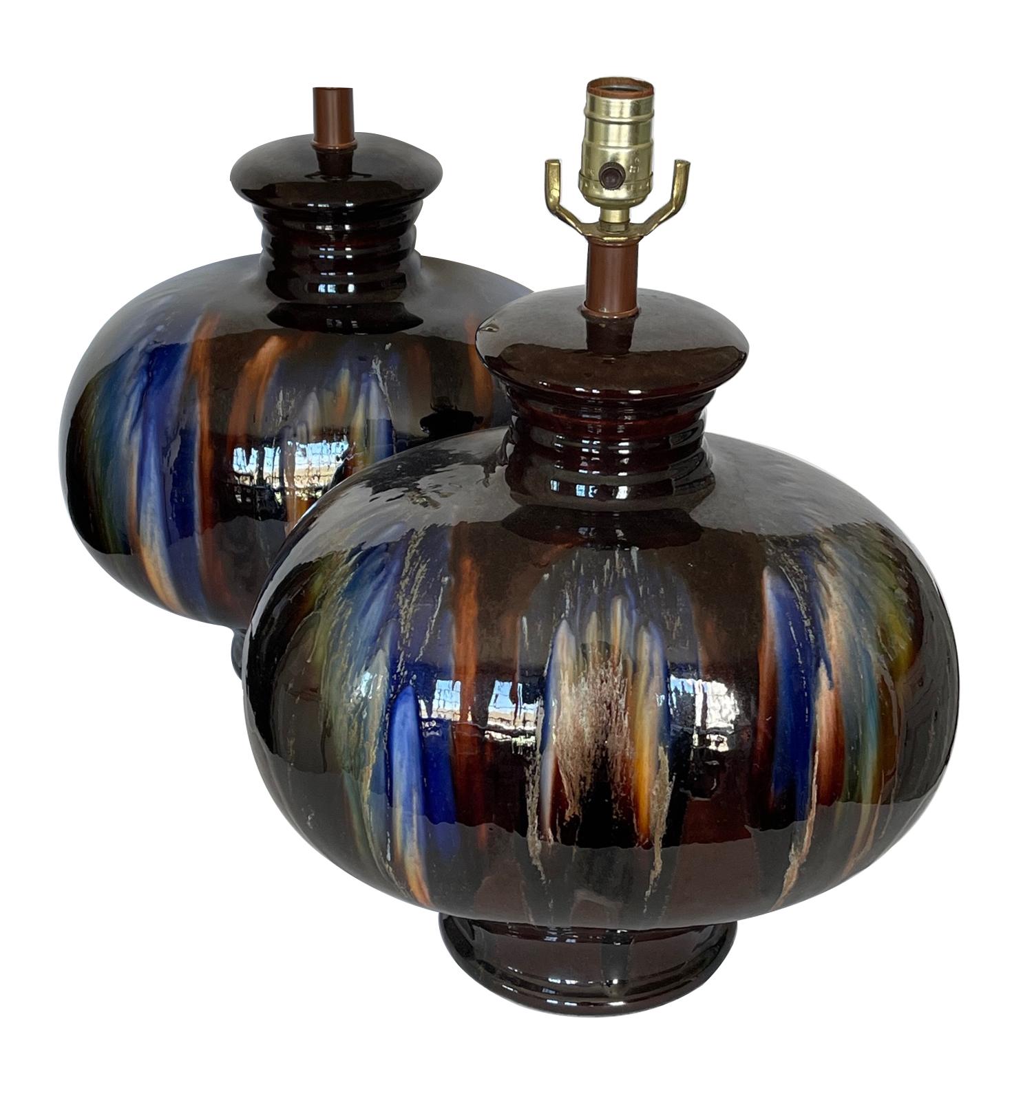 Large Pair of 1960's Ceramic Drip-glaze Oblong-form Lamps In Good Condition For Sale In San Francisco, CA
