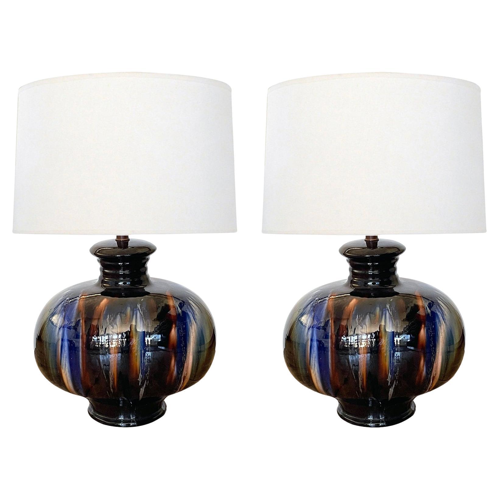 Large Pair of 1960's Ceramic Drip-glaze Oblong-form Lamps For Sale