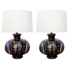 Vintage Large Pair of 1960's Ceramic Drip-glaze Oblong-form Lamps