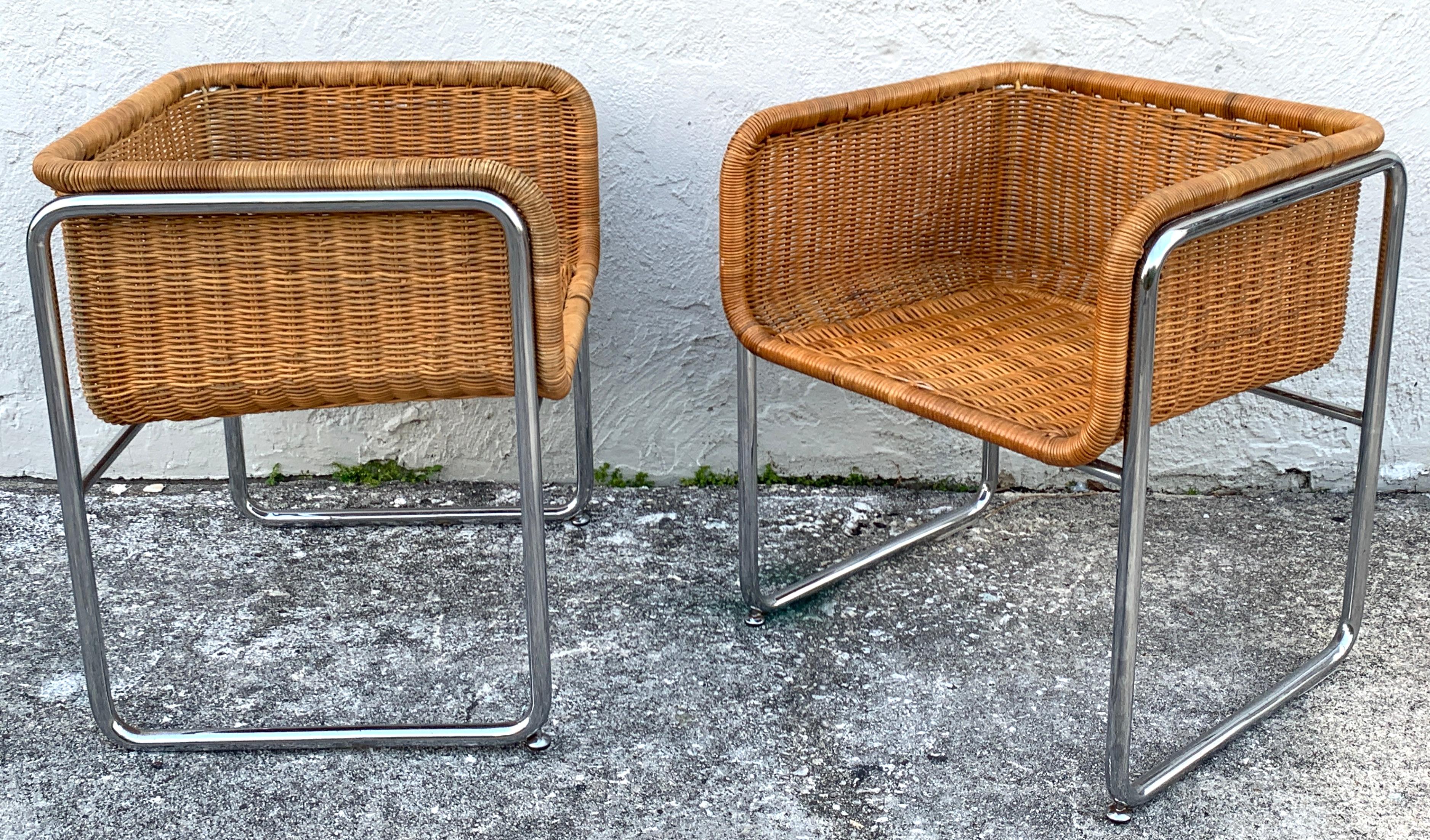 Large pair of 1970s chrome and rattan cube club chairs, great size and color, architectural chrome frames, sturdy chairs. Ready for an 18