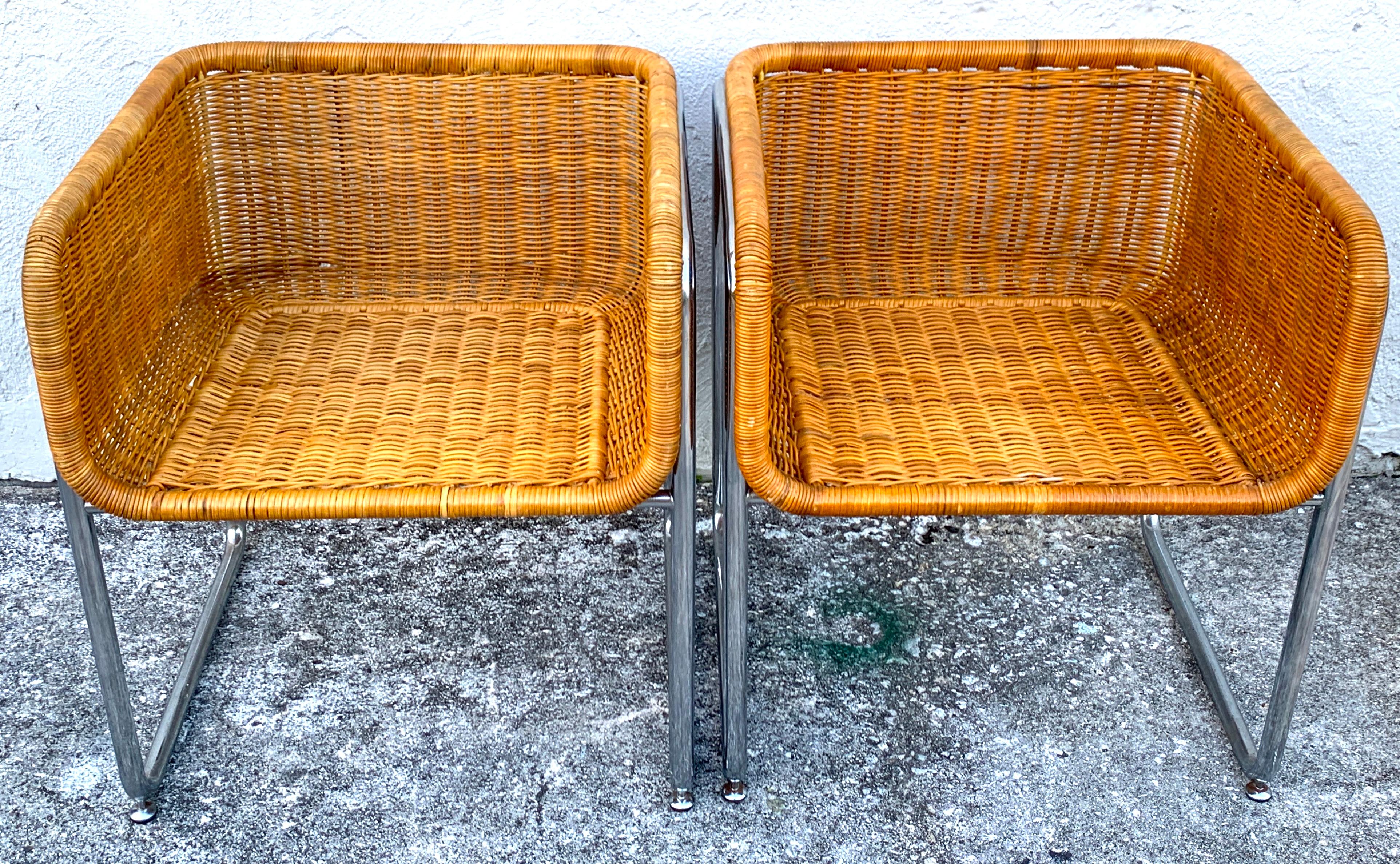 Mid-Century Modern Large Pair of 1970s Chrome and Rattan Cube Club Chairs