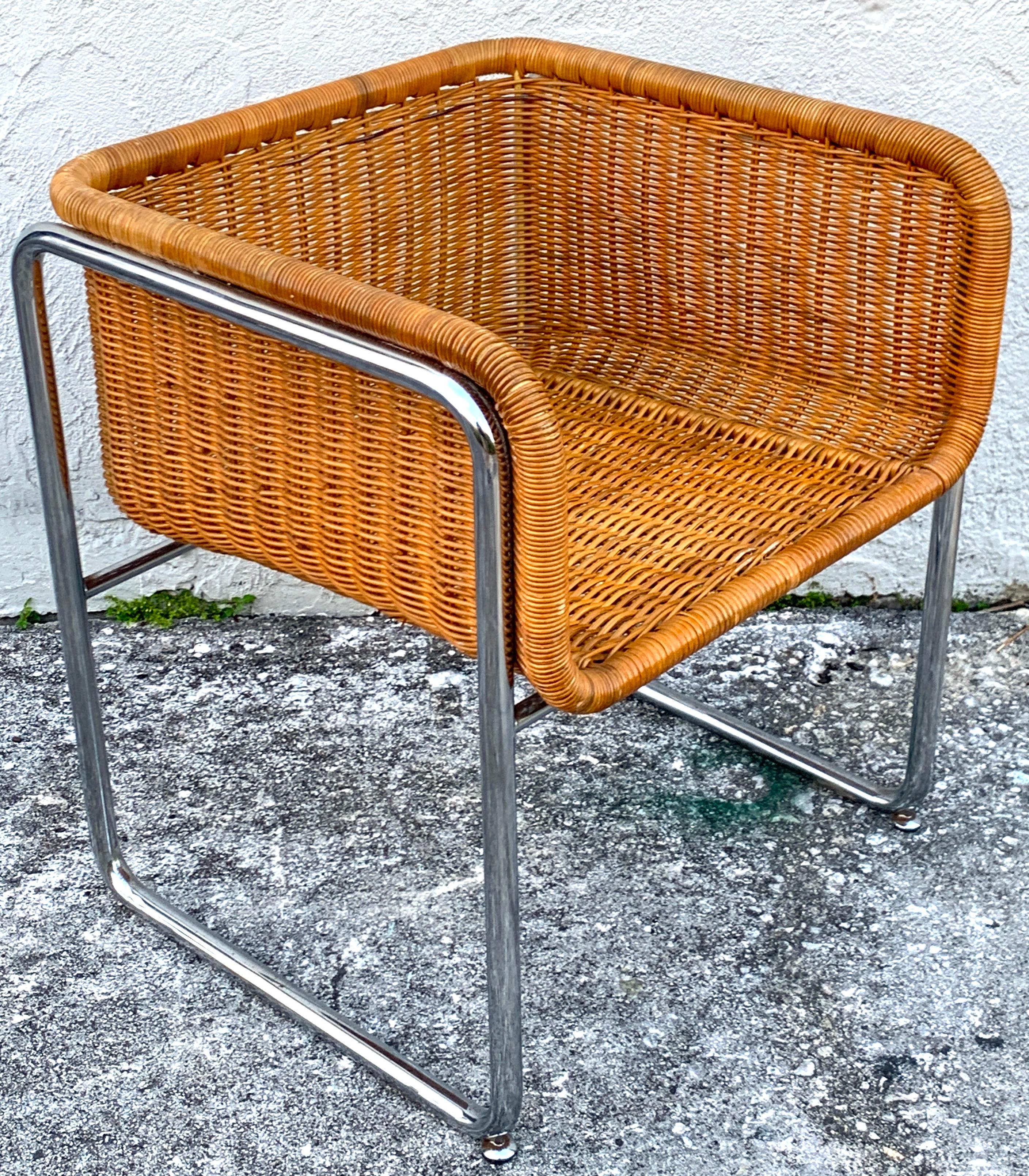 American Large Pair of 1970s Chrome and Rattan Cube Club Chairs