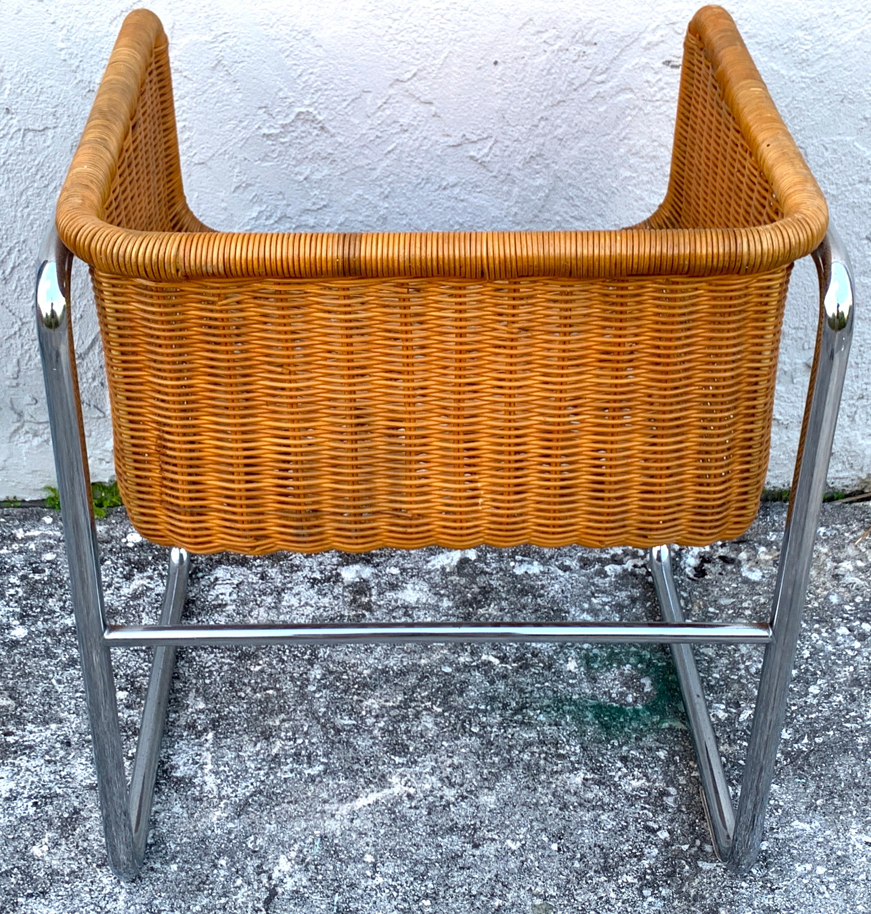 Woven Large Pair of 1970s Chrome and Rattan Cube Club Chairs