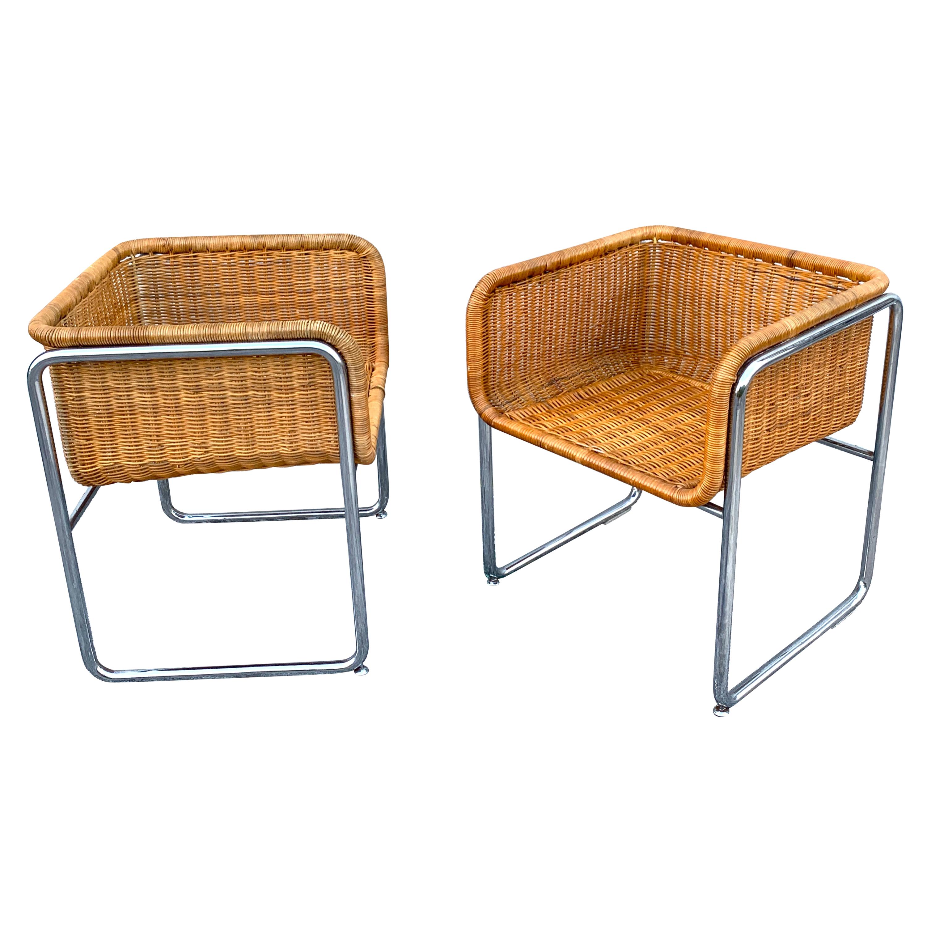 Large Pair of 1970s Chrome and Rattan Cube Club Chairs