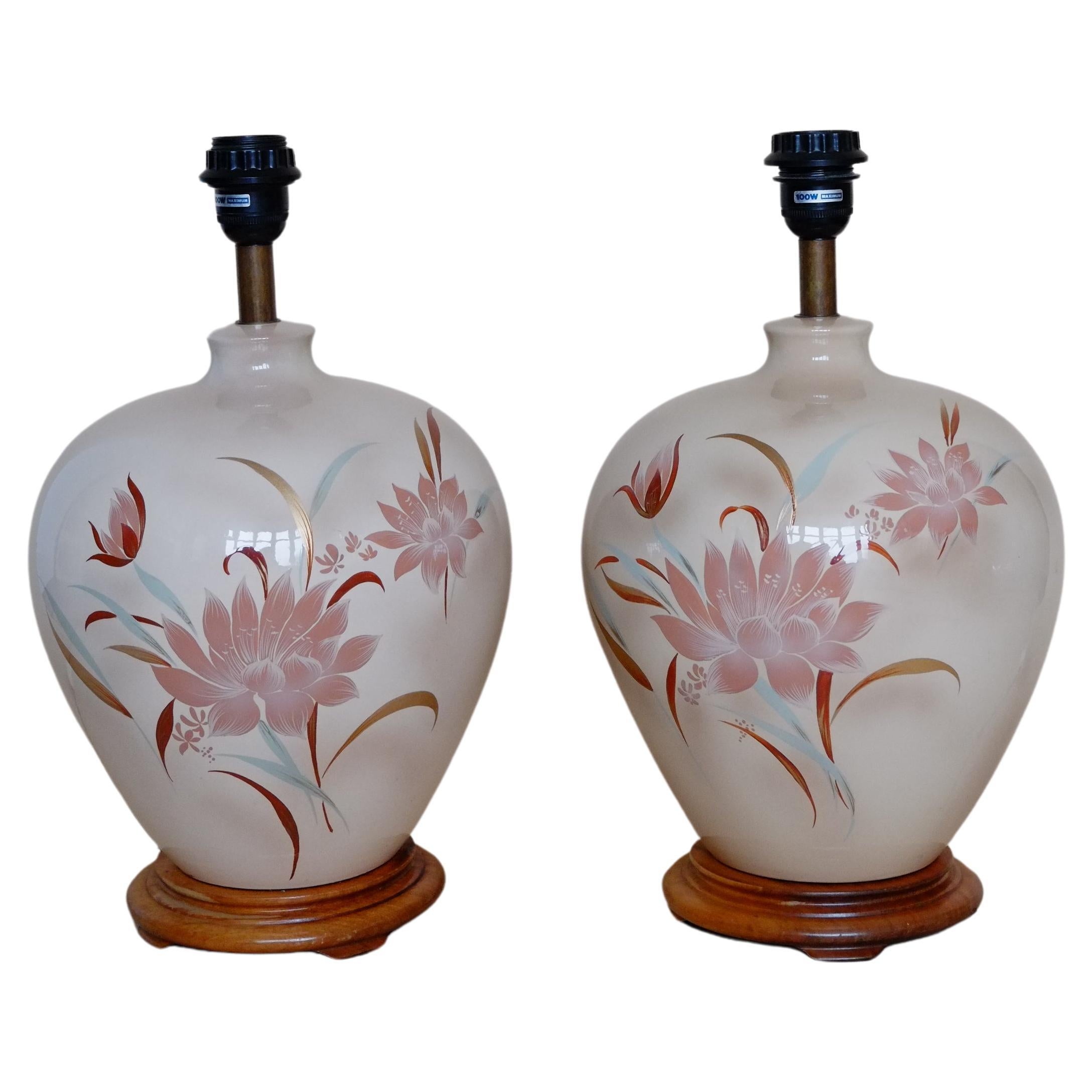 Large Pair of 1980's Floral Pink Ceramic Ginger Jar Lamps For Sale
