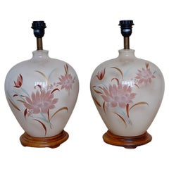 Vintage Large Pair of 1980's Floral Pink Ceramic Ginger Jar Lamps