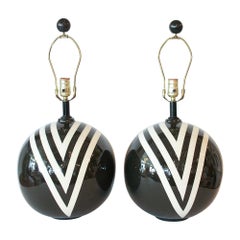 Large Pair of 1980's Graphic Black and White Ceramic Lamps