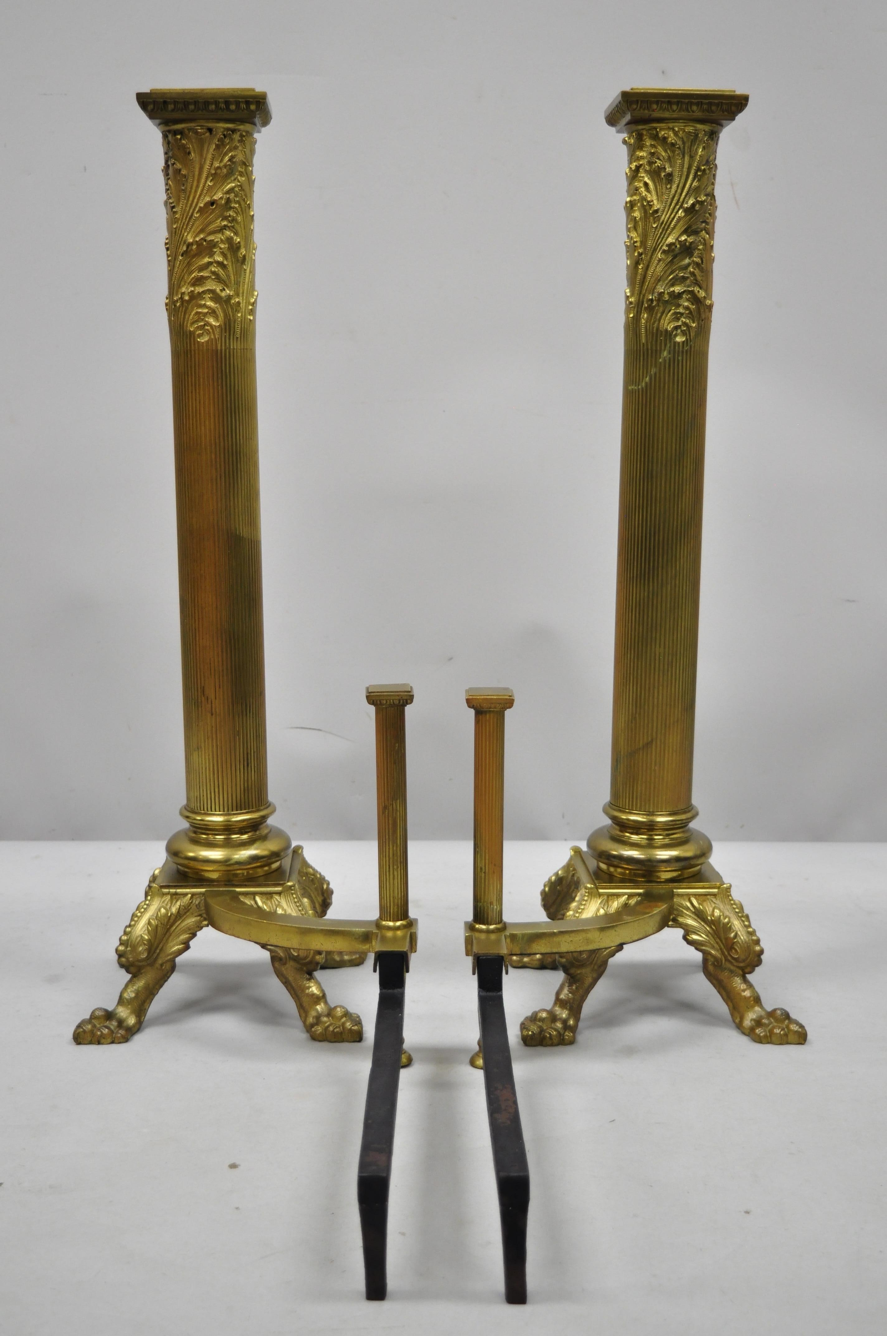 Large Pair of Bronze French Empire Paw Foot Column Fireplace Andirons 5