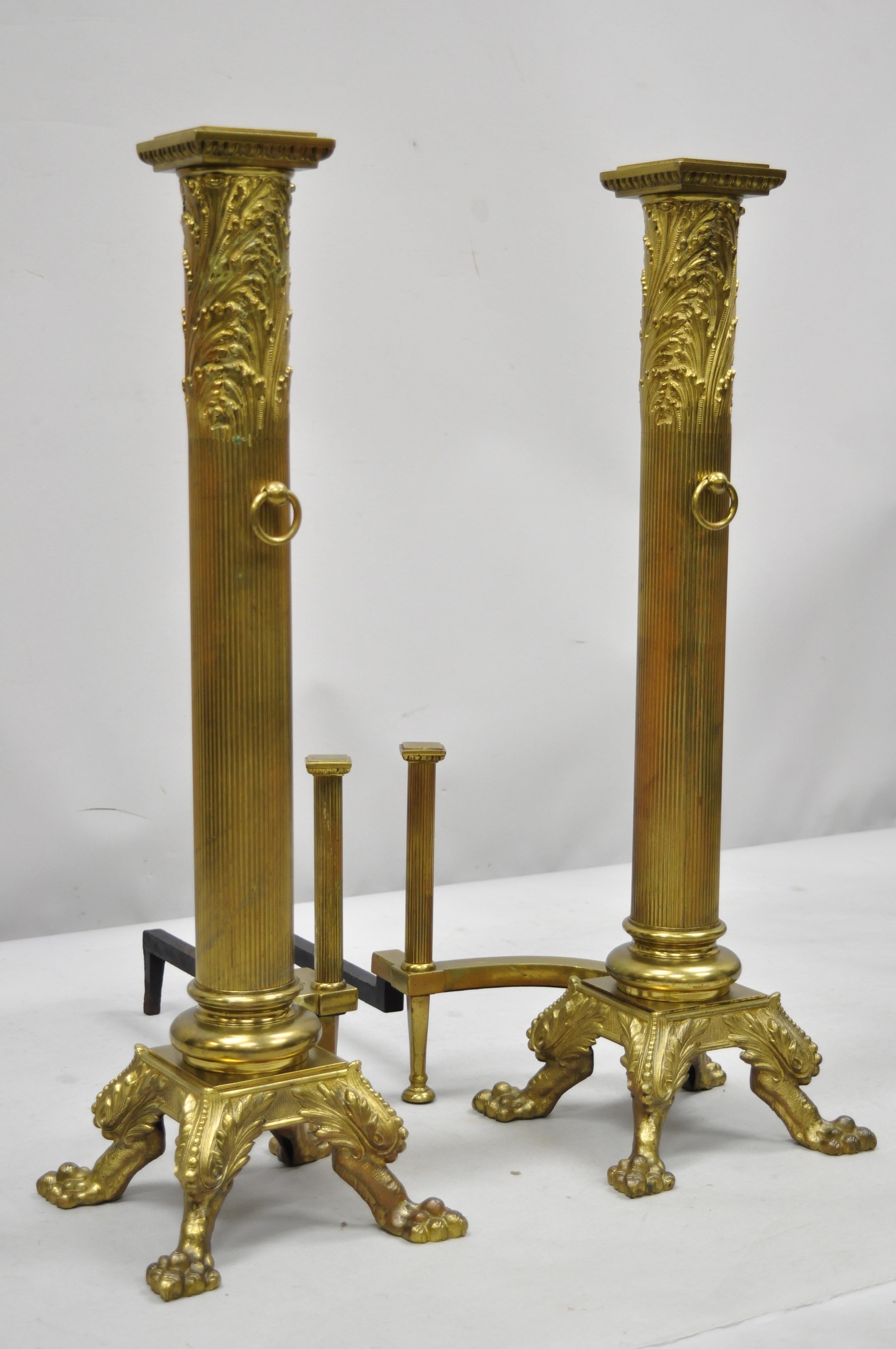 Large Pair of Bronze French Empire Paw Foot Column Fireplace Andirons 6