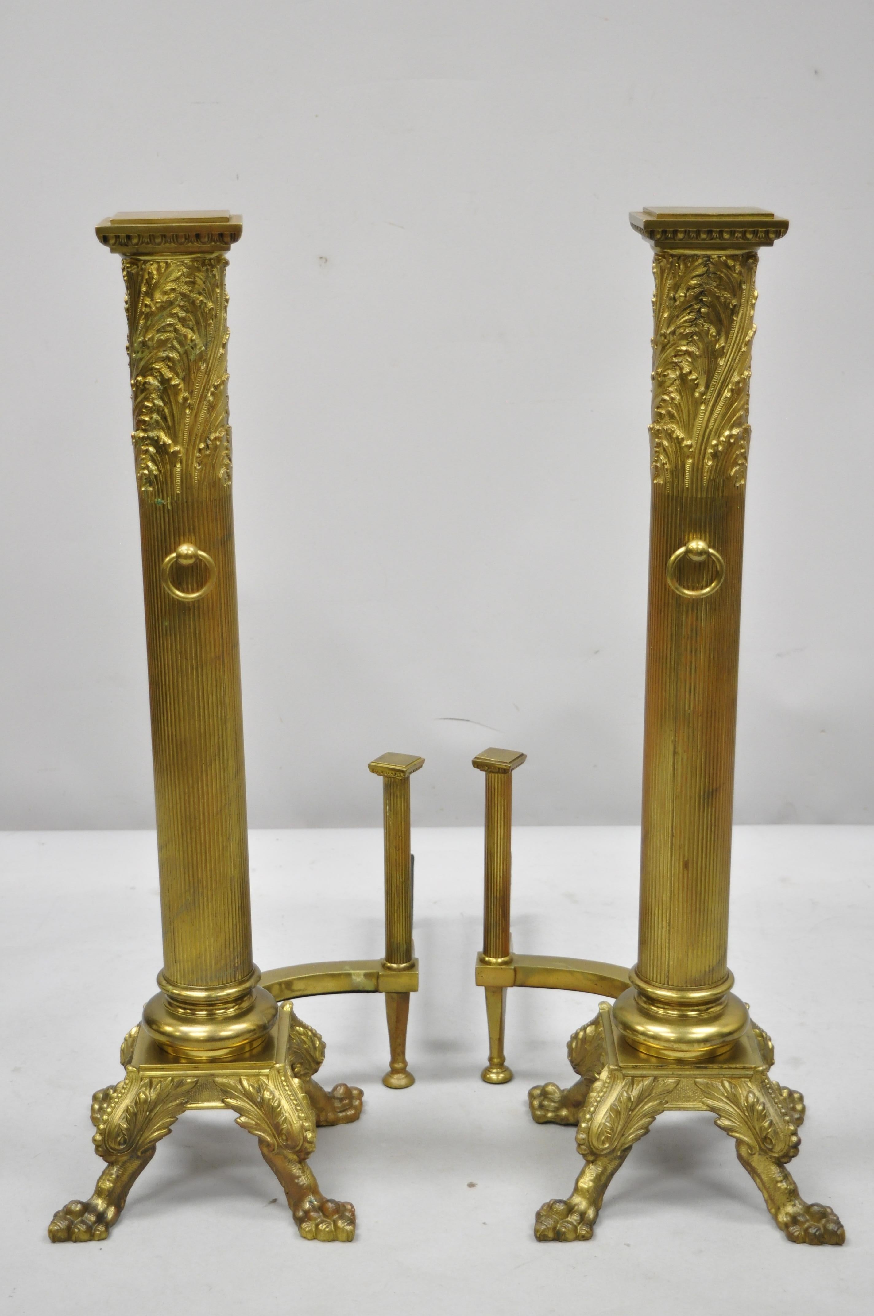Large Pair of Bronze French Empire Paw Foot Column Fireplace Andirons 7