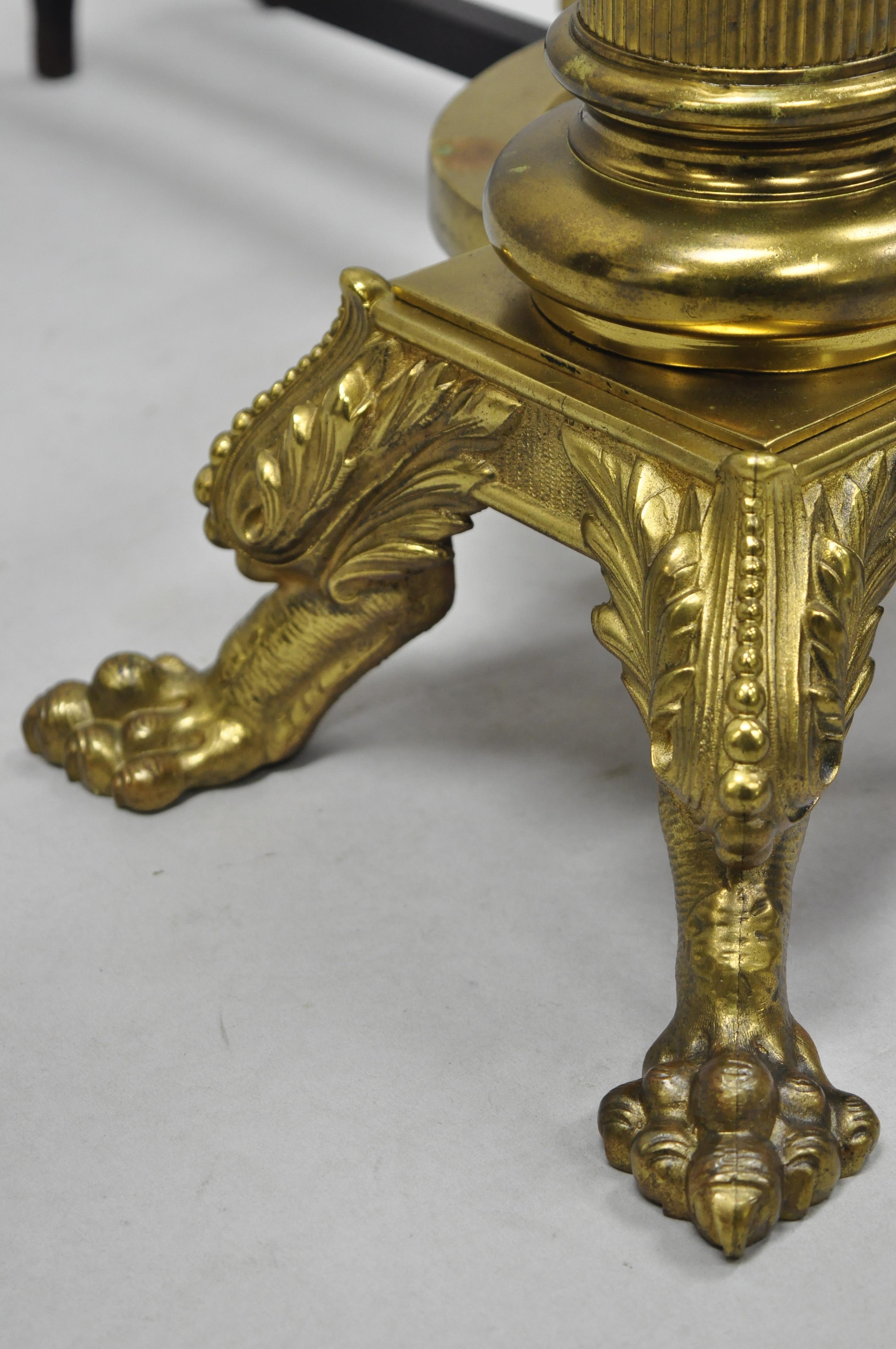 19th Century Large Pair of Bronze French Empire Paw Foot Column Fireplace Andirons