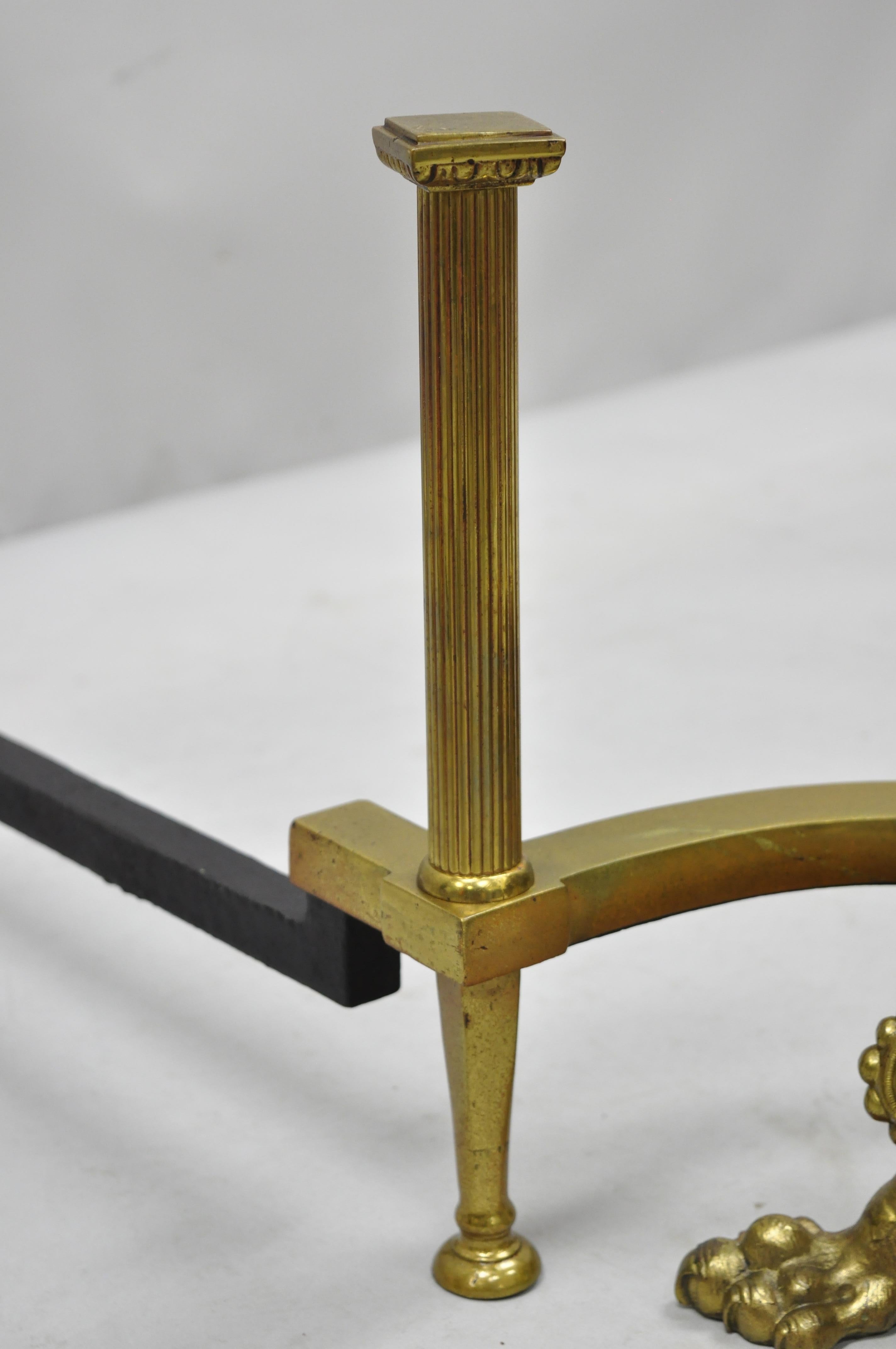 Large Pair of Bronze French Empire Paw Foot Column Fireplace Andirons 1