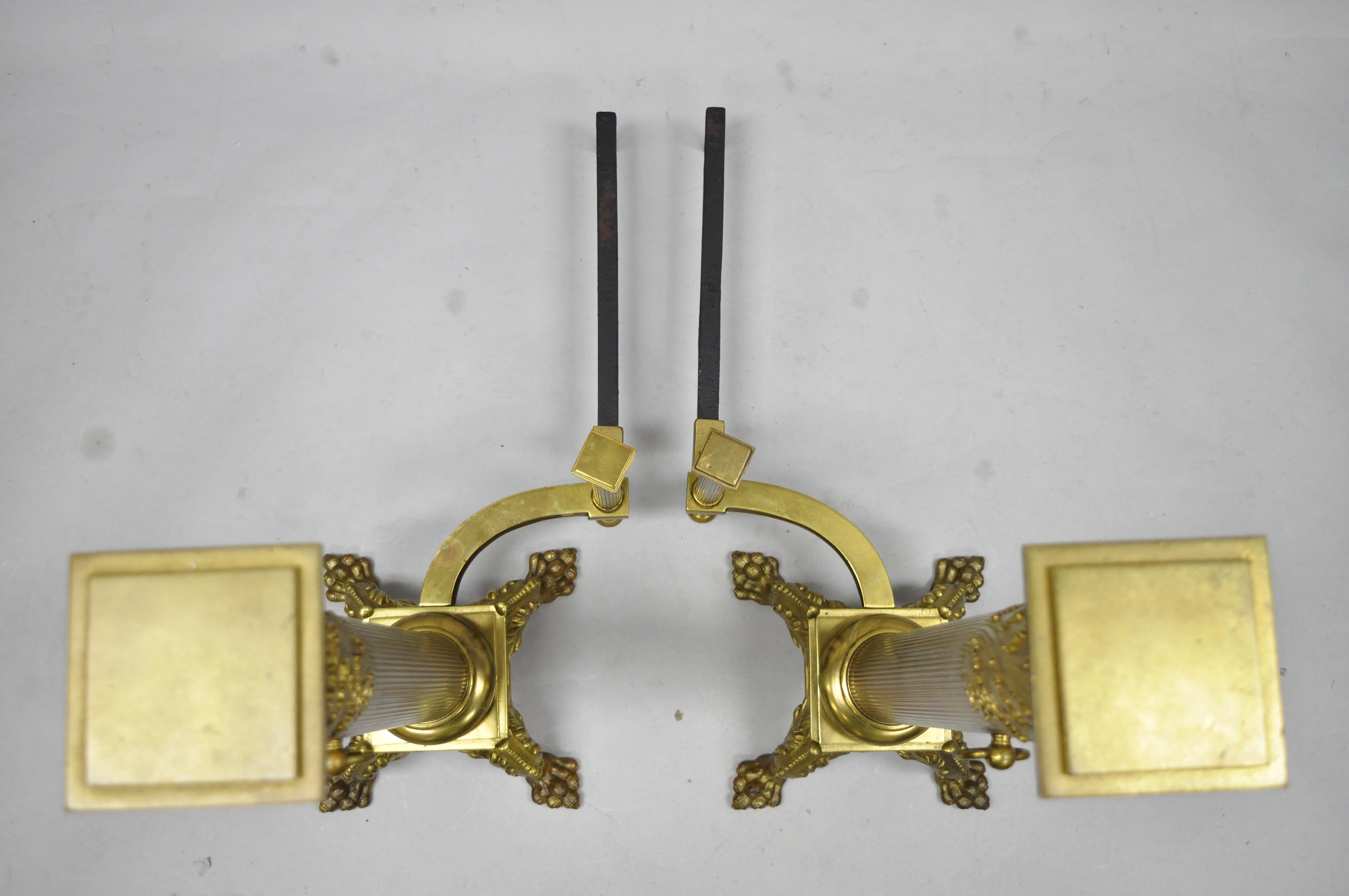 Large Pair of Bronze French Empire Paw Foot Column Fireplace Andirons 2