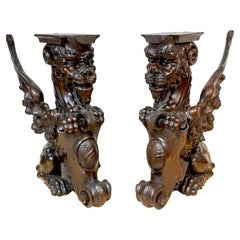 Large Pair Carved Mahogany Heraldic Winged Griffins, Atrib. R.J. Horner