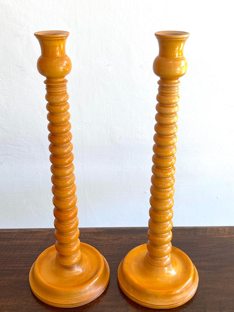 Large Pair of 19th C English Elm Wood Barley Twist Candlesticks For