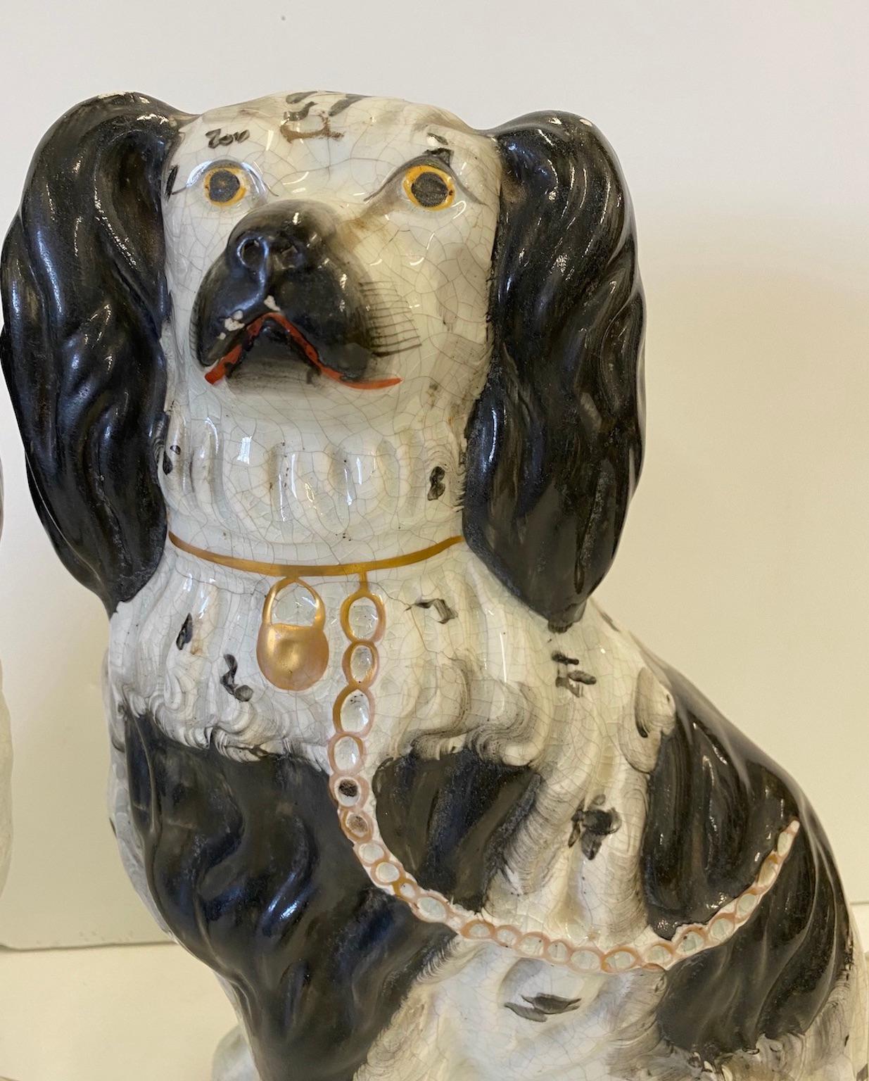 Victorian Large Pair of 19th Century English Staffordshire, Black and White Spaniels