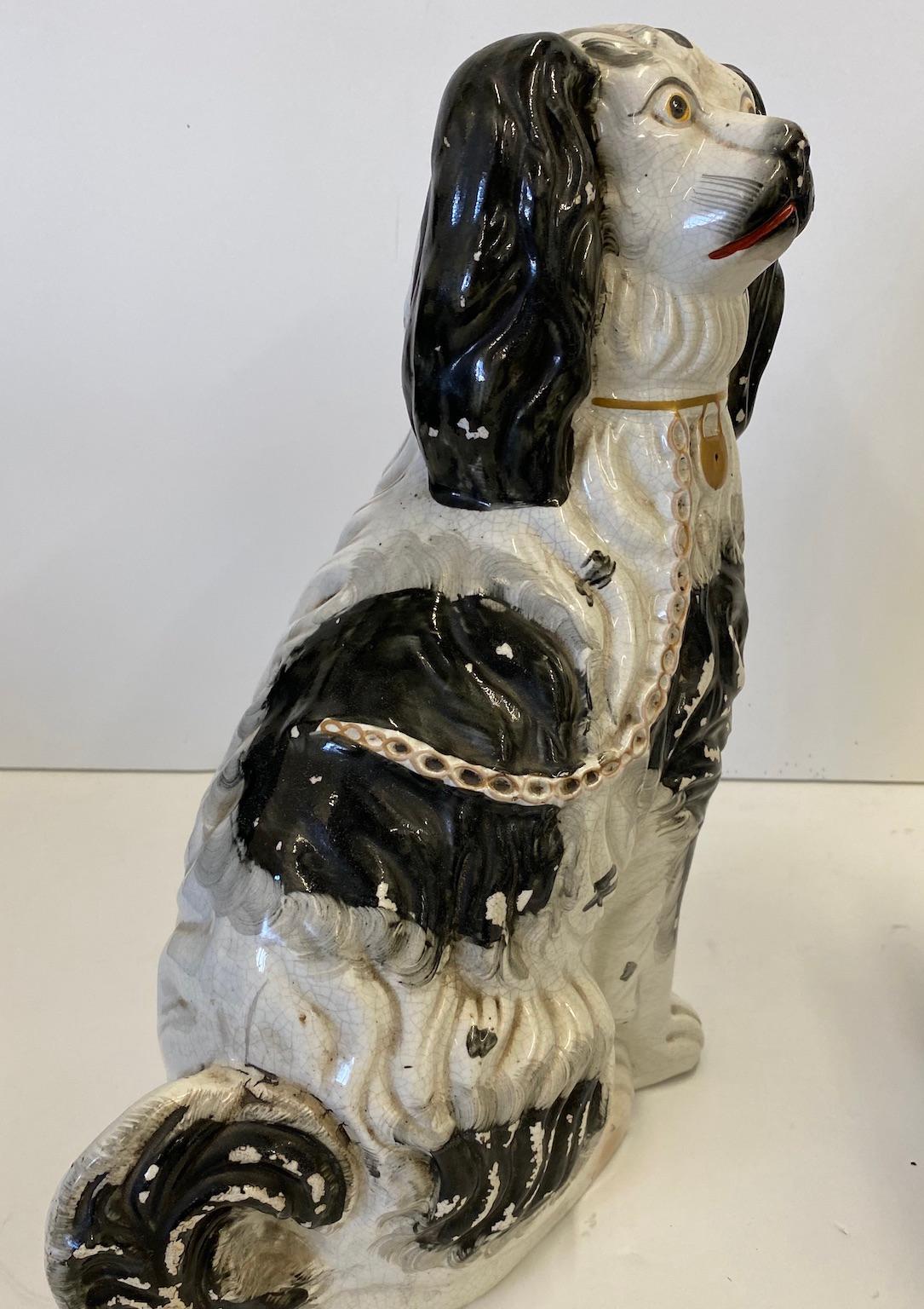 Pottery Large Pair of 19th Century English Staffordshire, Black and White Spaniels