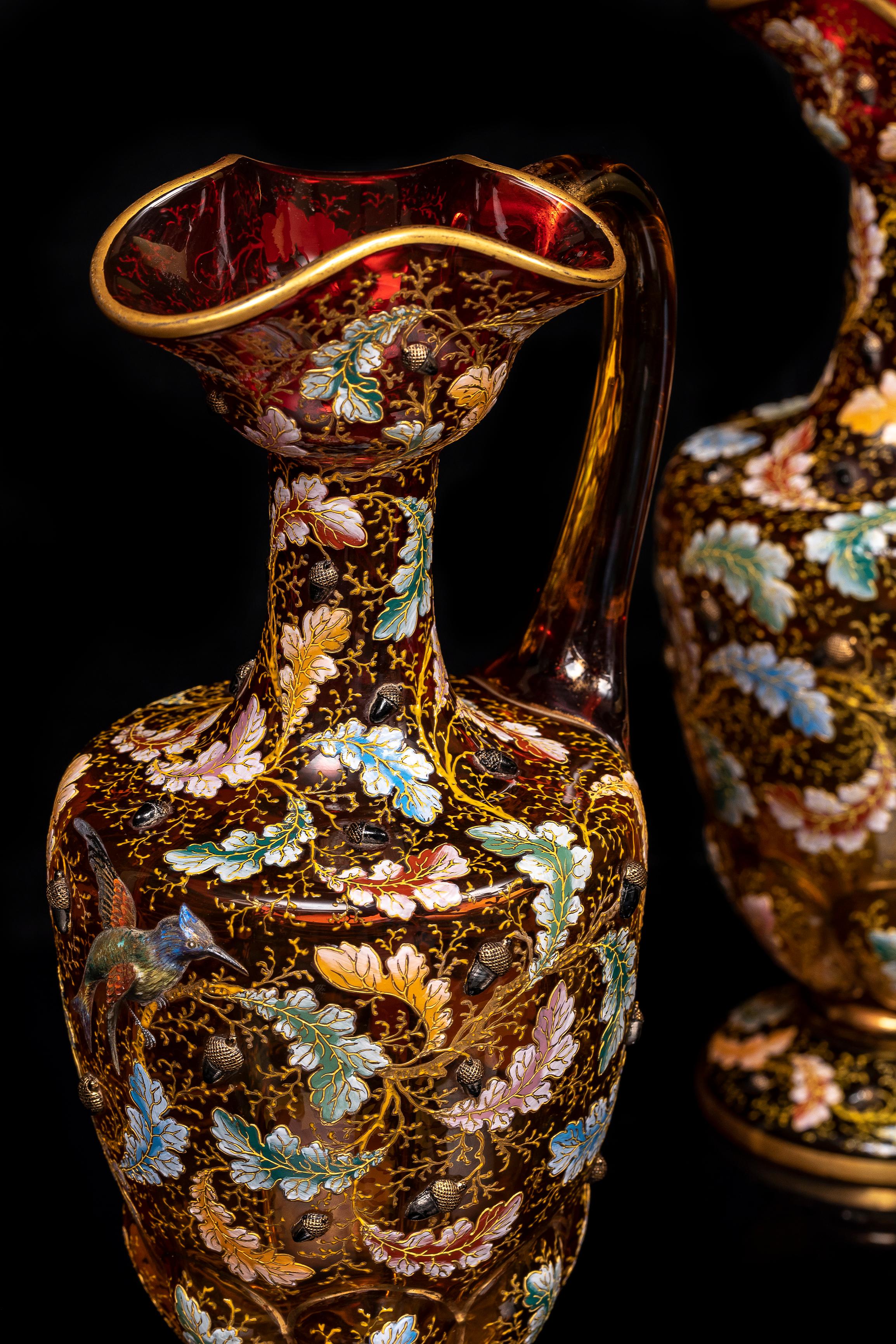 Large Pair of 19th C. Moser Red Crystal Enameled Gilt Ewers w/ Applied Parrots For Sale 4